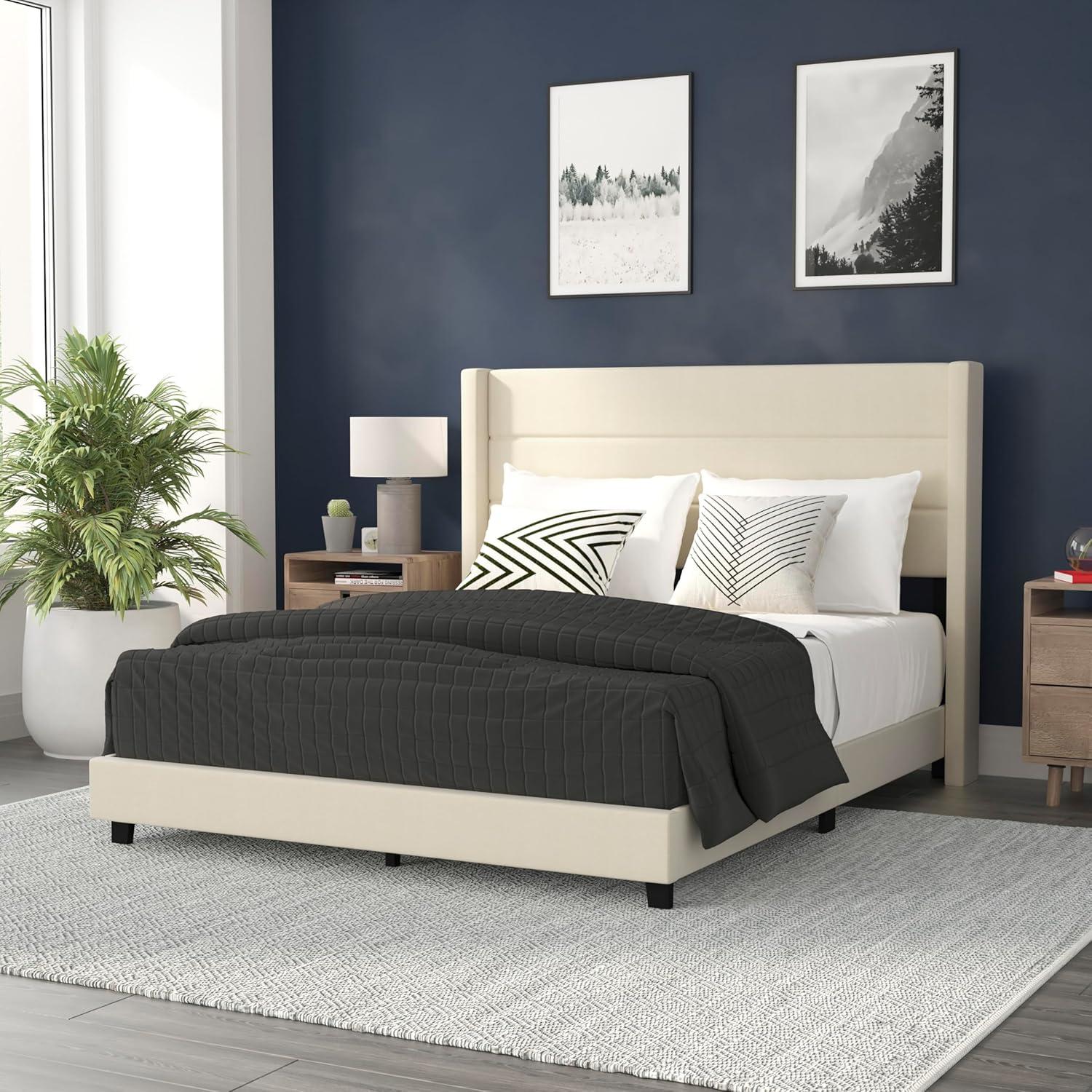 imageFlash Furniture Hollis Upholstered Platform Bed Gray Faux Linen Wingback Headboard King Mattress Foundation with Slatted Supports No Box Spring NeededBeige
