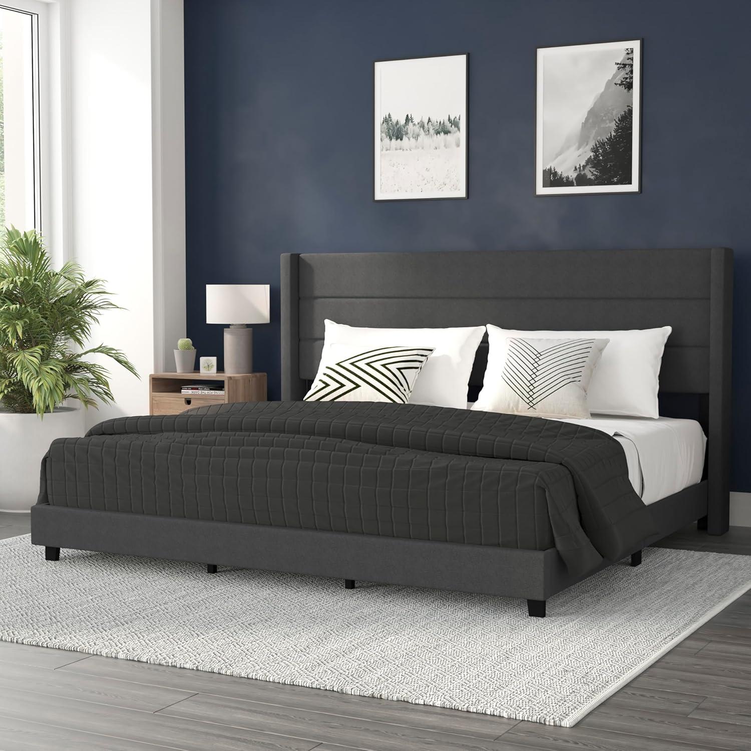 imageFlash Furniture Hollis Upholstered Platform Bed Gray Faux Linen Wingback Headboard King Mattress Foundation with Slatted Supports No Box Spring NeededCharcoal