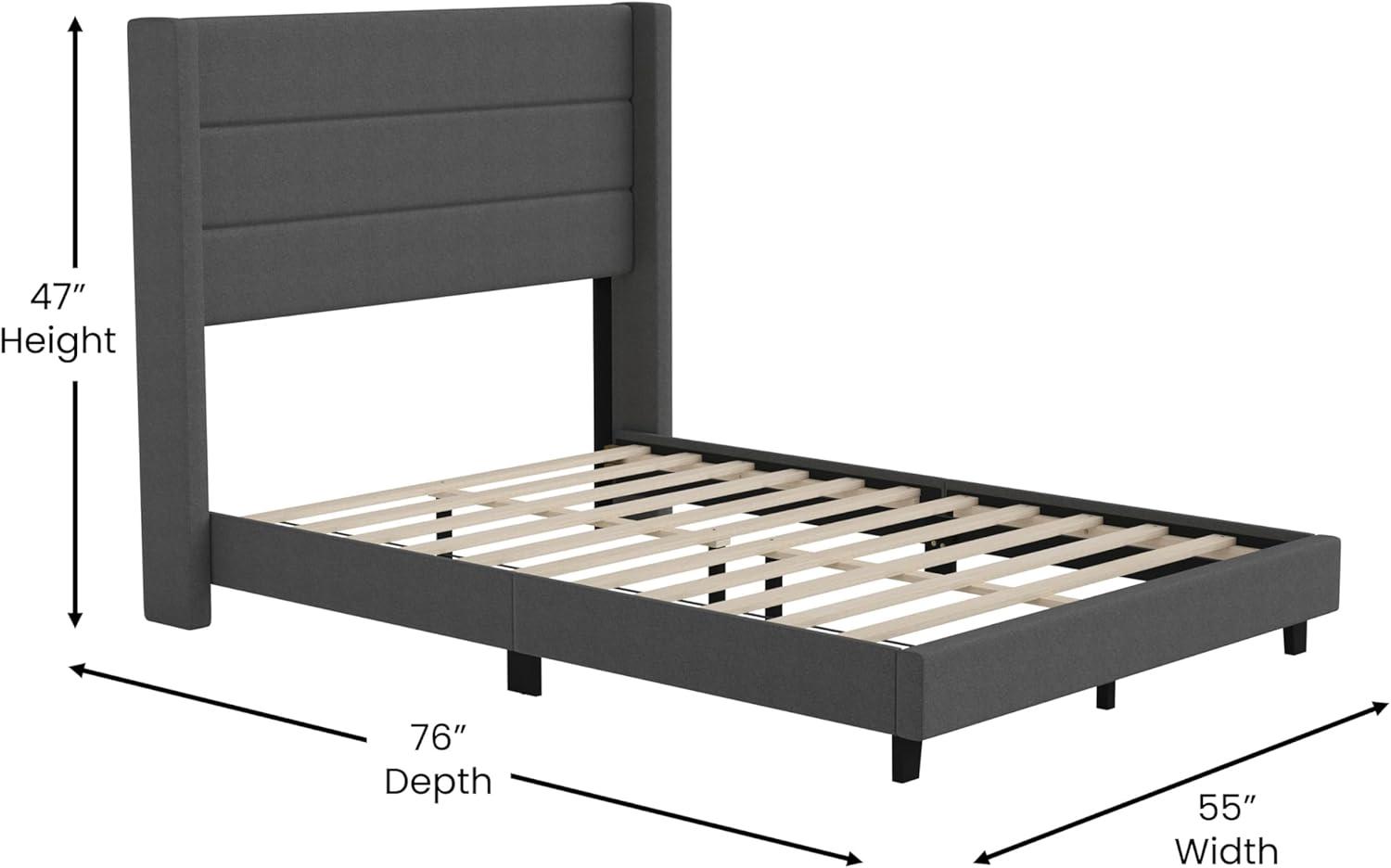imageFlash Furniture Hollis Upholstered Platform Bed Gray Faux Linen Wingback Headboard King Mattress Foundation with Slatted Supports No Box Spring NeededCharcoal