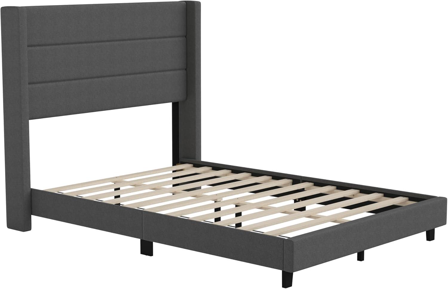 imageFlash Furniture Hollis Upholstered Platform Bed Gray Faux Linen Wingback Headboard King Mattress Foundation with Slatted Supports No Box Spring NeededCharcoal
