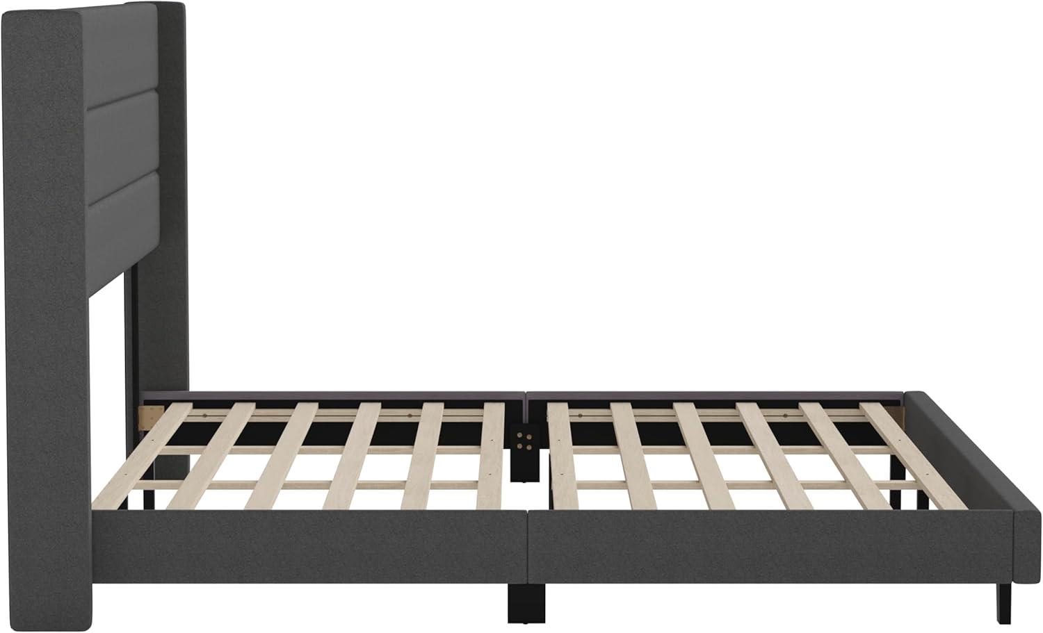 imageFlash Furniture Hollis Upholstered Platform Bed Gray Faux Linen Wingback Headboard King Mattress Foundation with Slatted Supports No Box Spring NeededCharcoal