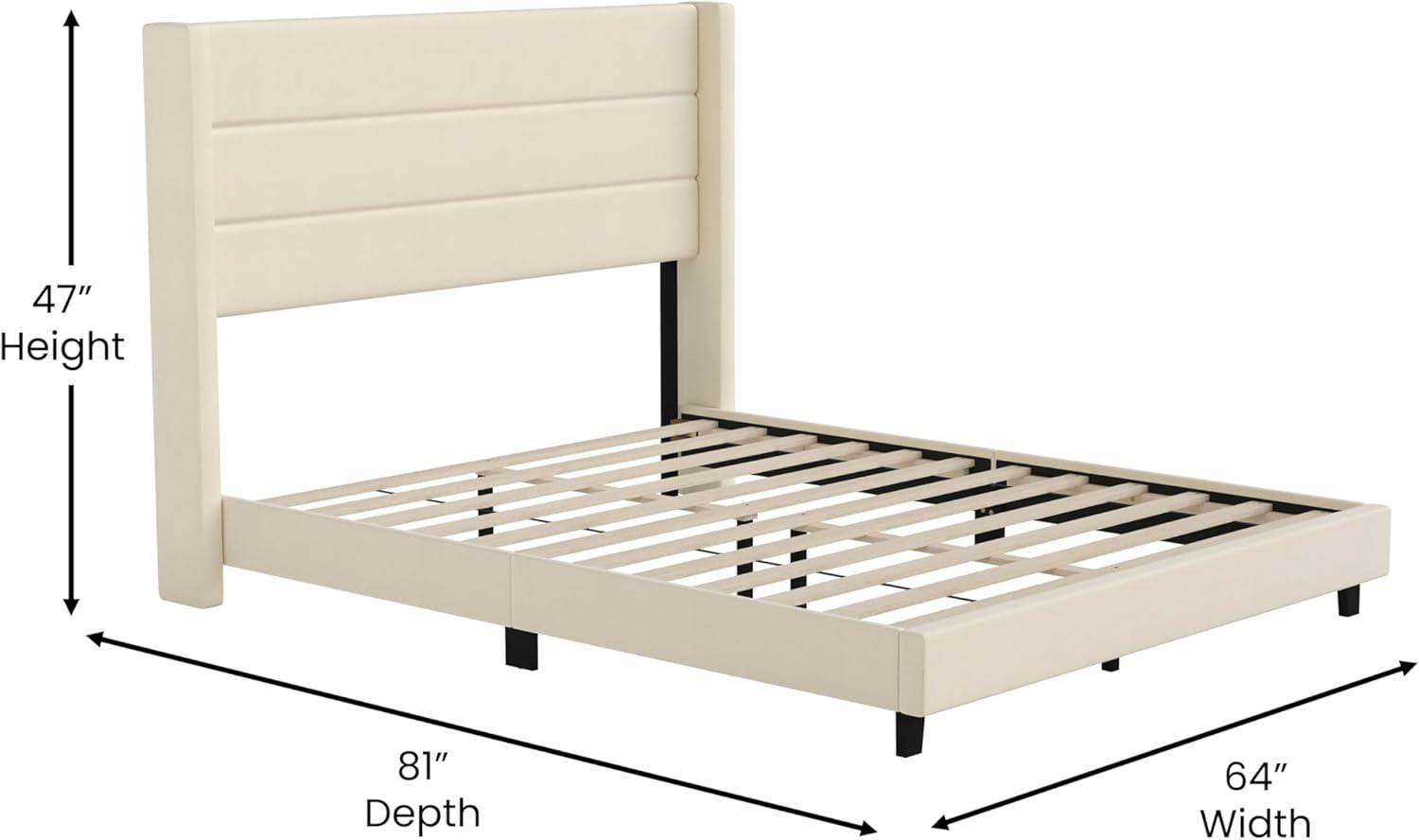 imageFlash Furniture Hollis Upholstered Platform Bed Gray Faux Linen Wingback Headboard King Mattress Foundation with Slatted Supports No Box Spring NeededBeige