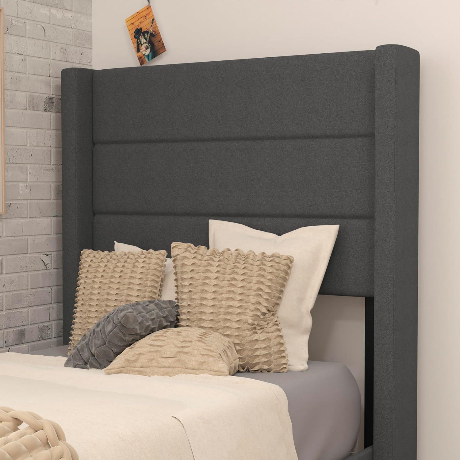 imageFlash Furniture Hollis Upholstered Platform Bed Gray Faux Linen Wingback Headboard King Mattress Foundation with Slatted Supports No Box Spring NeededCharcoal