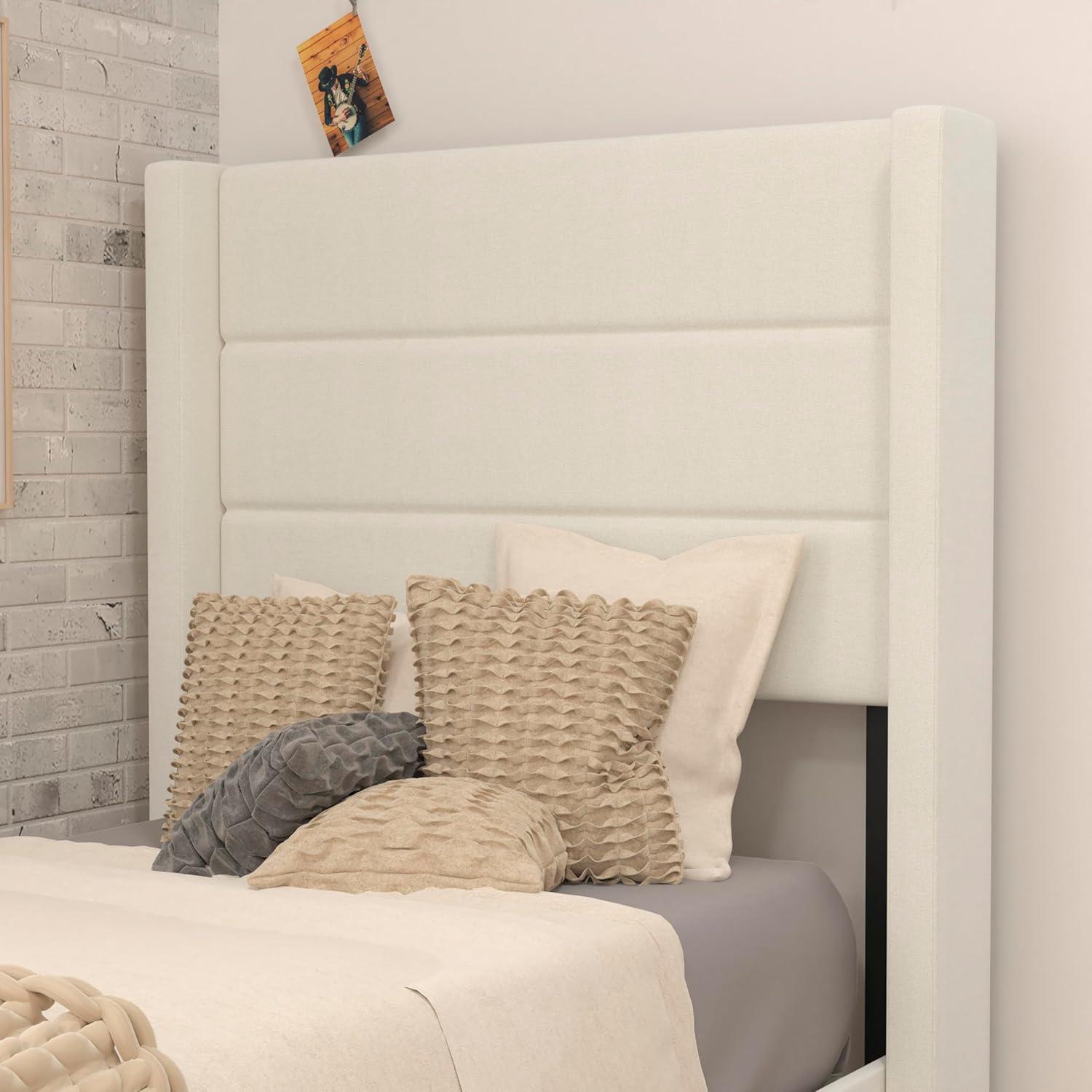 imageFlash Furniture Hollis Upholstered Platform Bed Gray Faux Linen Wingback Headboard King Mattress Foundation with Slatted Supports No Box Spring NeededBeige