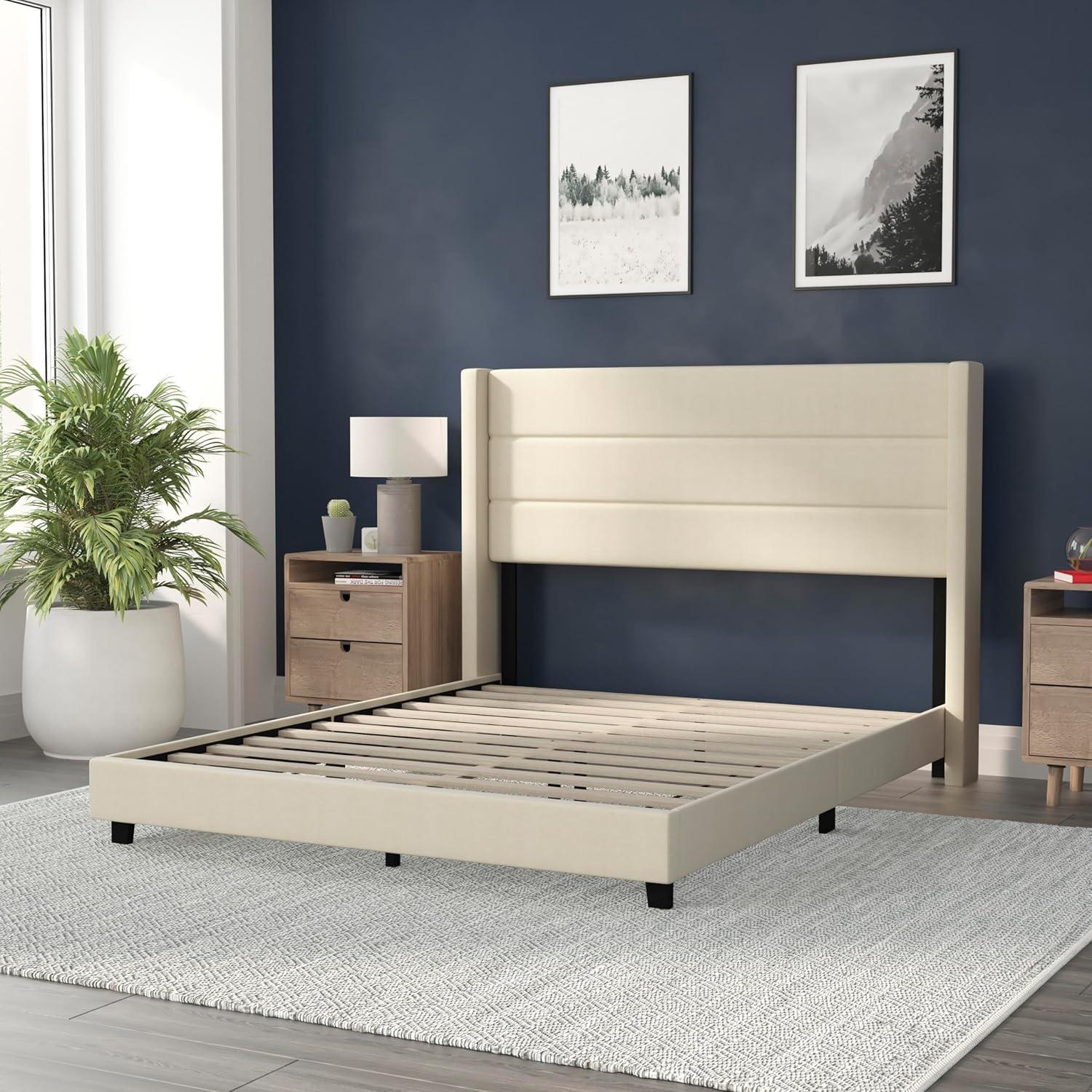 imageFlash Furniture Hollis Upholstered Platform Bed Gray Faux Linen Wingback Headboard King Mattress Foundation with Slatted Supports No Box Spring NeededBeige
