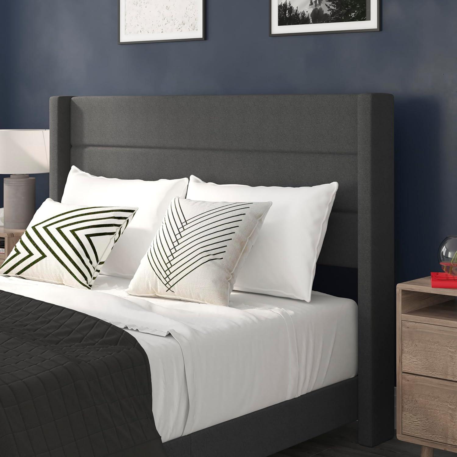 imageFlash Furniture Hollis Upholstered Platform Bed Gray Faux Linen Wingback Headboard King Mattress Foundation with Slatted Supports No Box Spring NeededCharcoal