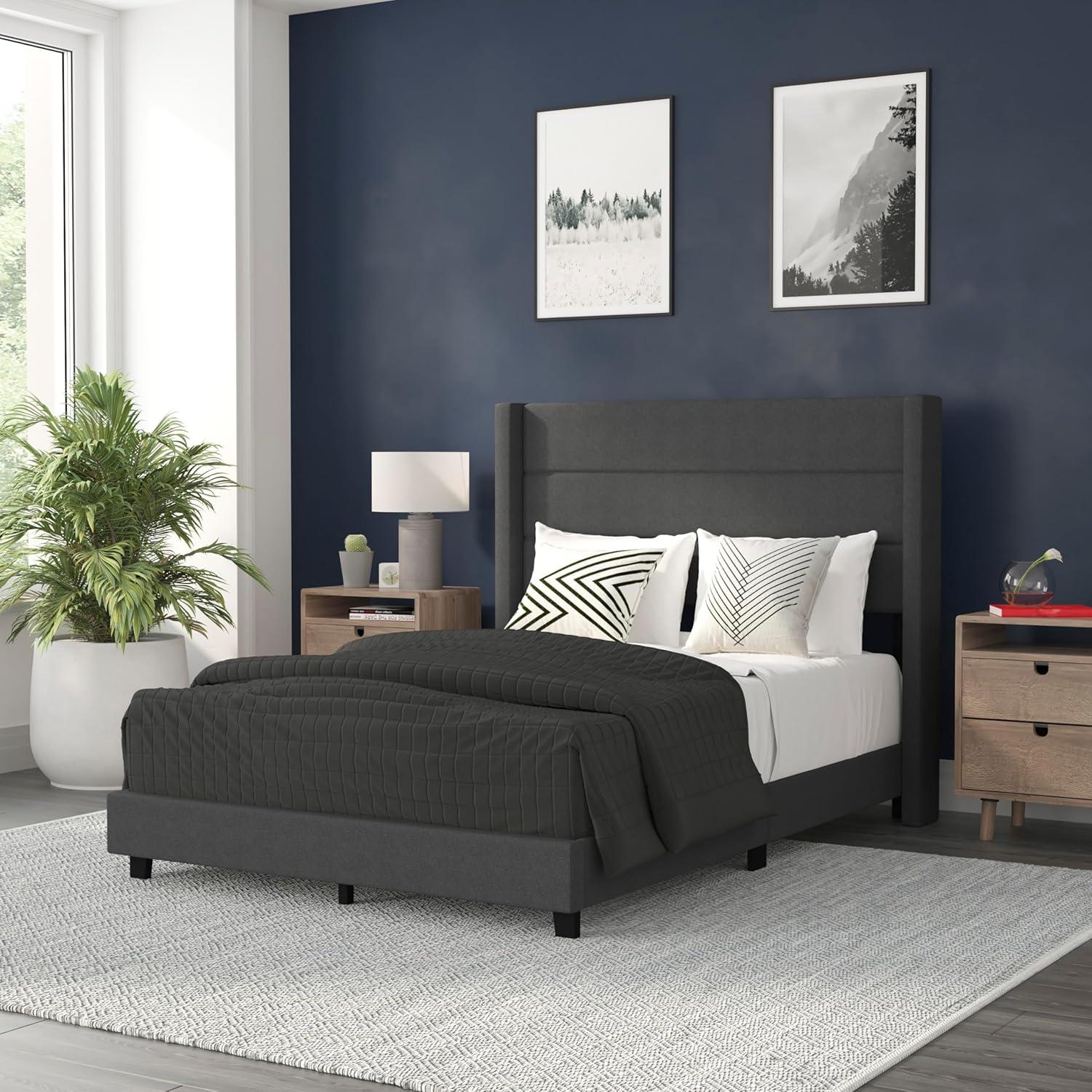 imageFlash Furniture Hollis Upholstered Platform Bed Gray Faux Linen Wingback Headboard King Mattress Foundation with Slatted Supports No Box Spring NeededCharcoal