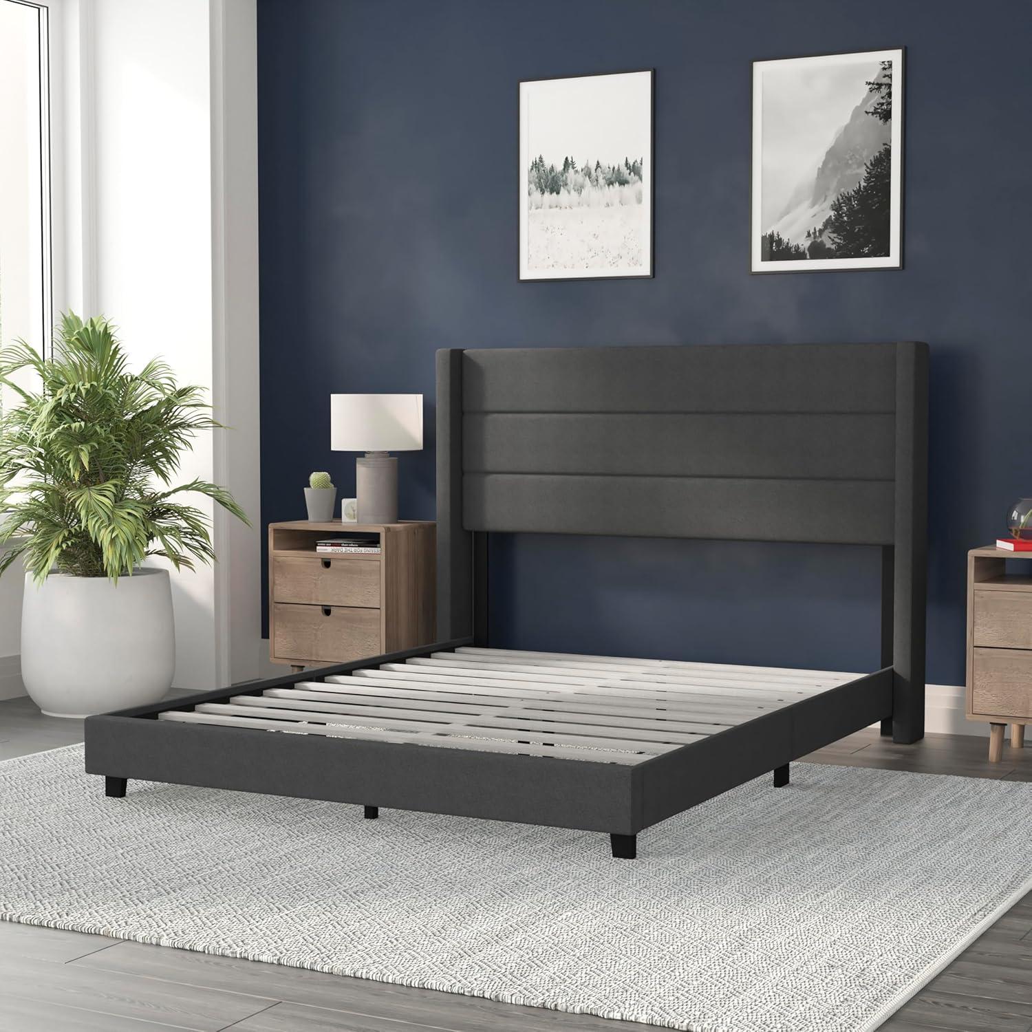 imageFlash Furniture Hollis Upholstered Platform Bed Gray Faux Linen Wingback Headboard King Mattress Foundation with Slatted Supports No Box Spring NeededCharcoal