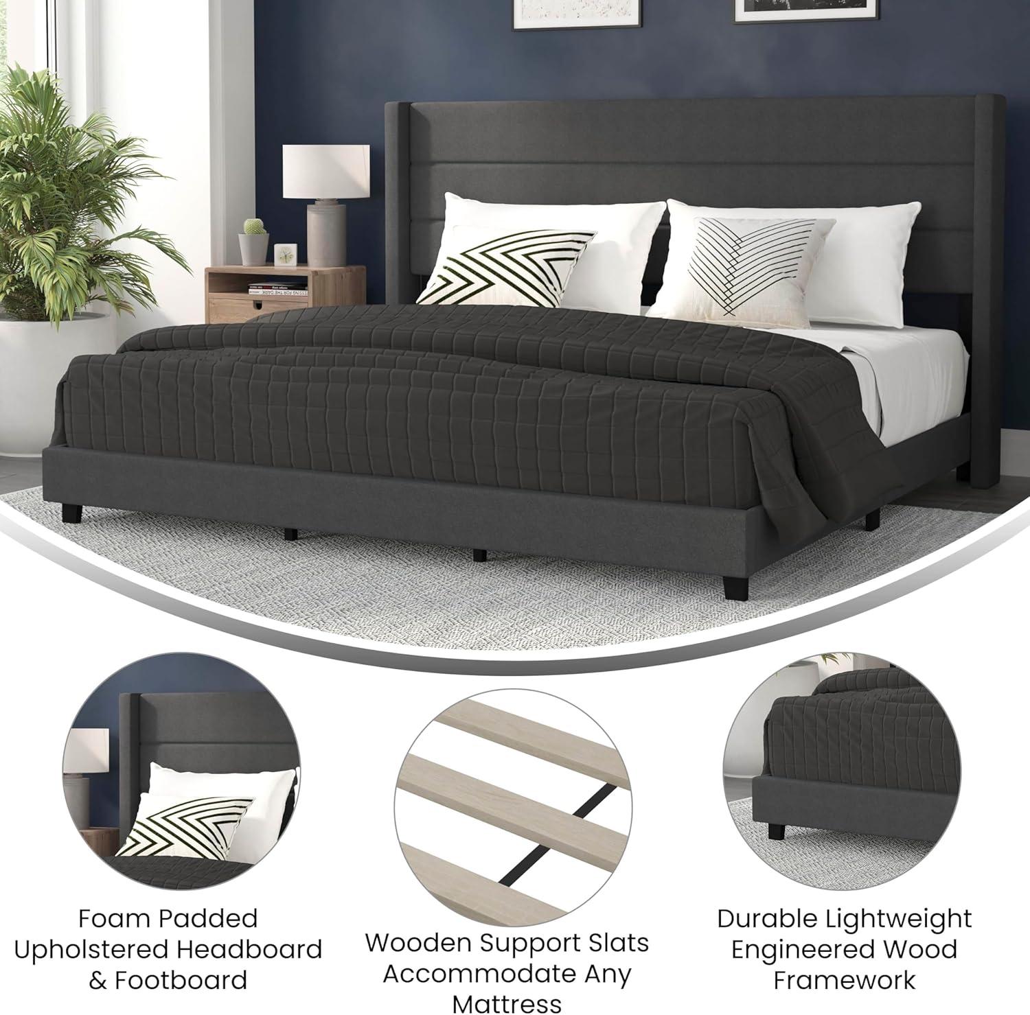 imageFlash Furniture Hollis Upholstered Platform Bed Gray Faux Linen Wingback Headboard King Mattress Foundation with Slatted Supports No Box Spring NeededCharcoal