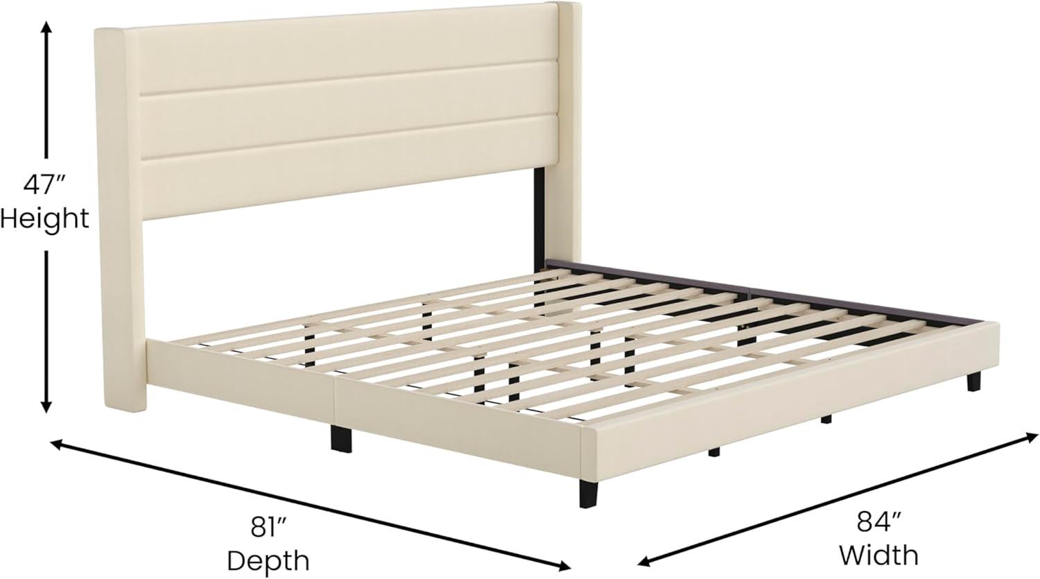imageFlash Furniture Hollis Upholstered Platform Bed Gray Faux Linen Wingback Headboard King Mattress Foundation with Slatted Supports No Box Spring NeededBeige