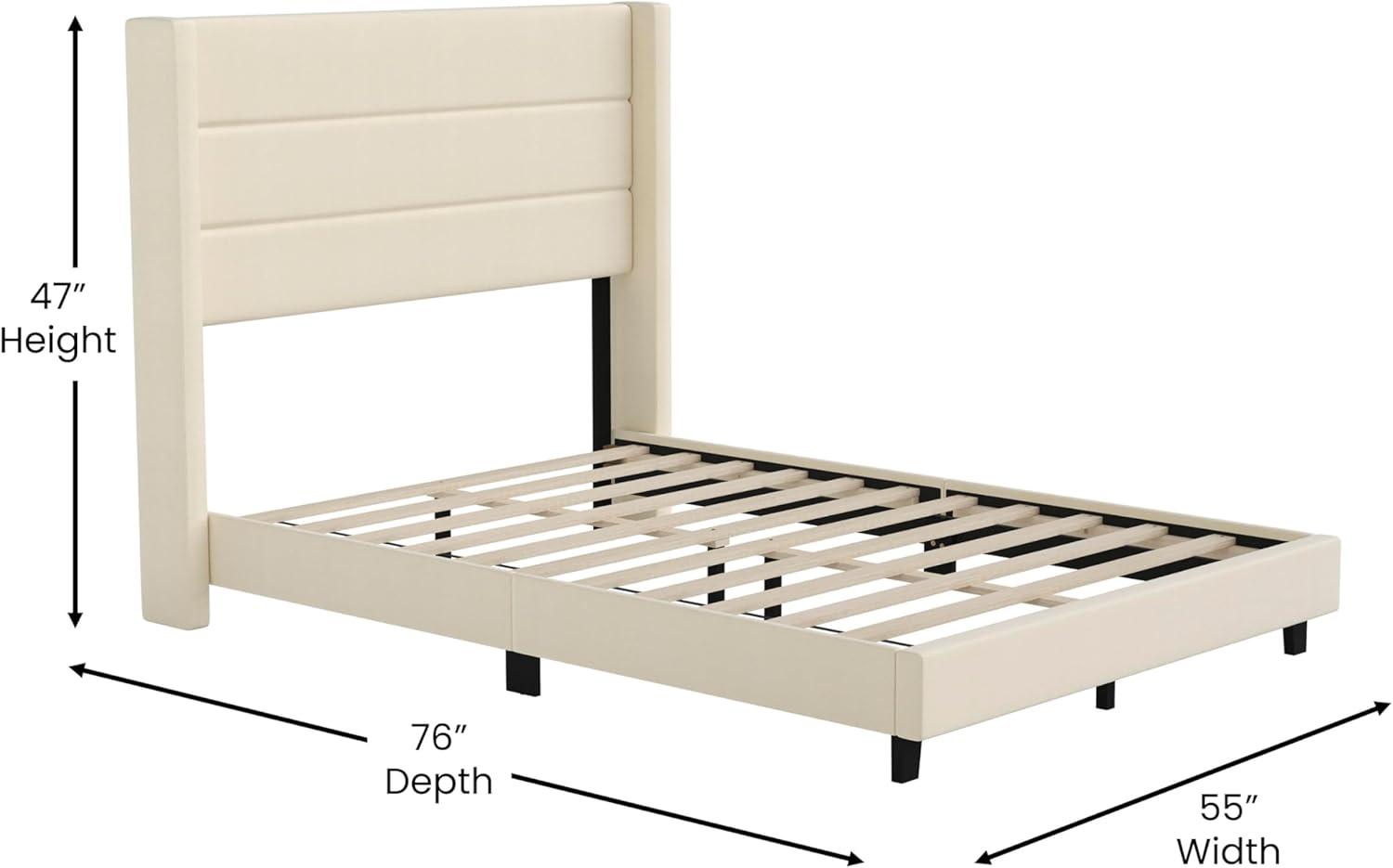 imageFlash Furniture Hollis Upholstered Platform Bed Gray Faux Linen Wingback Headboard King Mattress Foundation with Slatted Supports No Box Spring NeededBeige