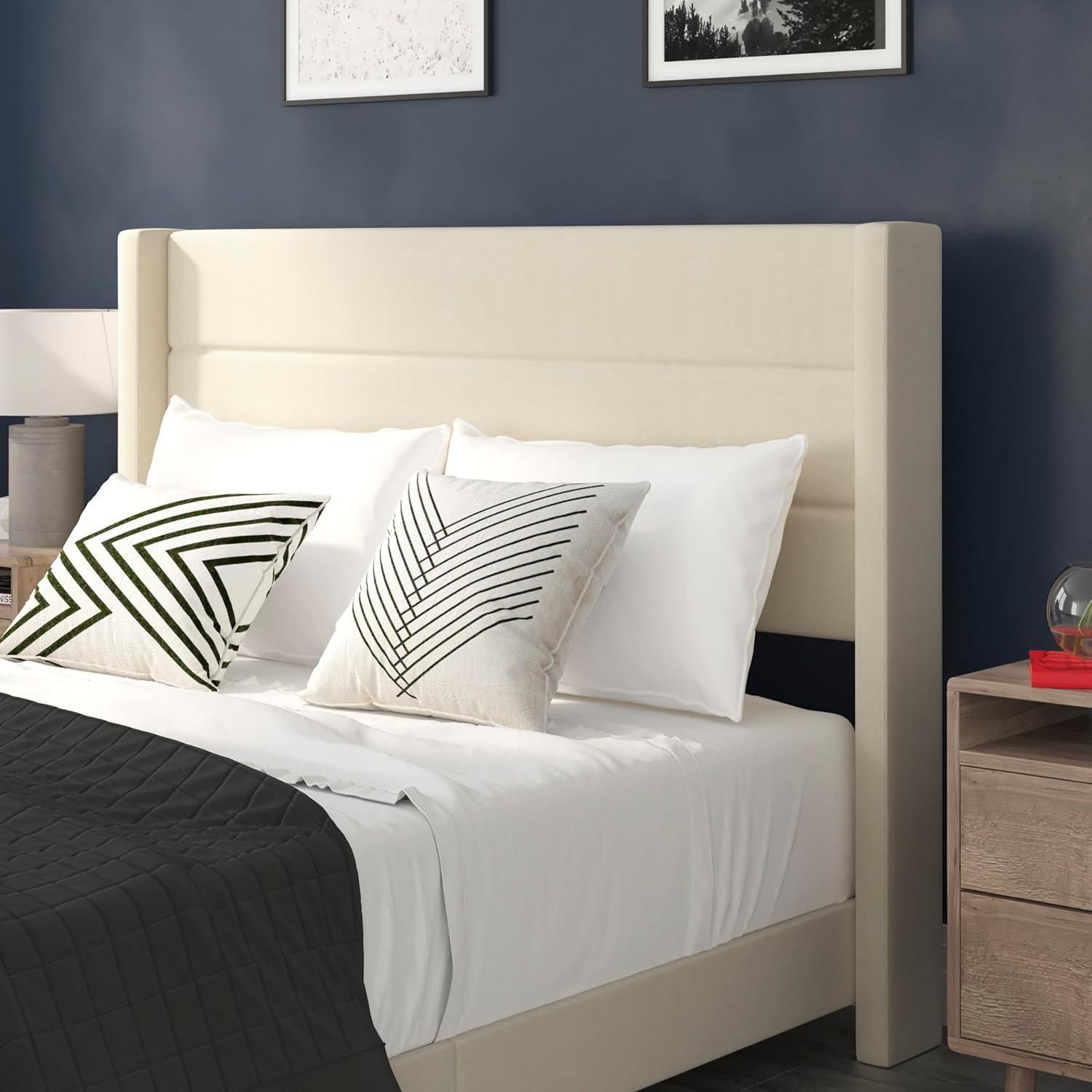 imageFlash Furniture Hollis Upholstered Platform Bed Gray Faux Linen Wingback Headboard King Mattress Foundation with Slatted Supports No Box Spring NeededBeige