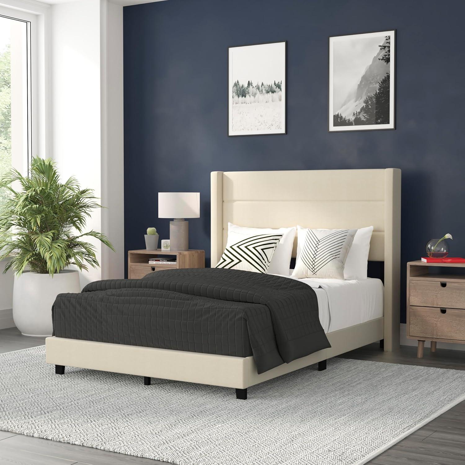 imageFlash Furniture Hollis Upholstered Platform Bed Gray Faux Linen Wingback Headboard King Mattress Foundation with Slatted Supports No Box Spring NeededBeige