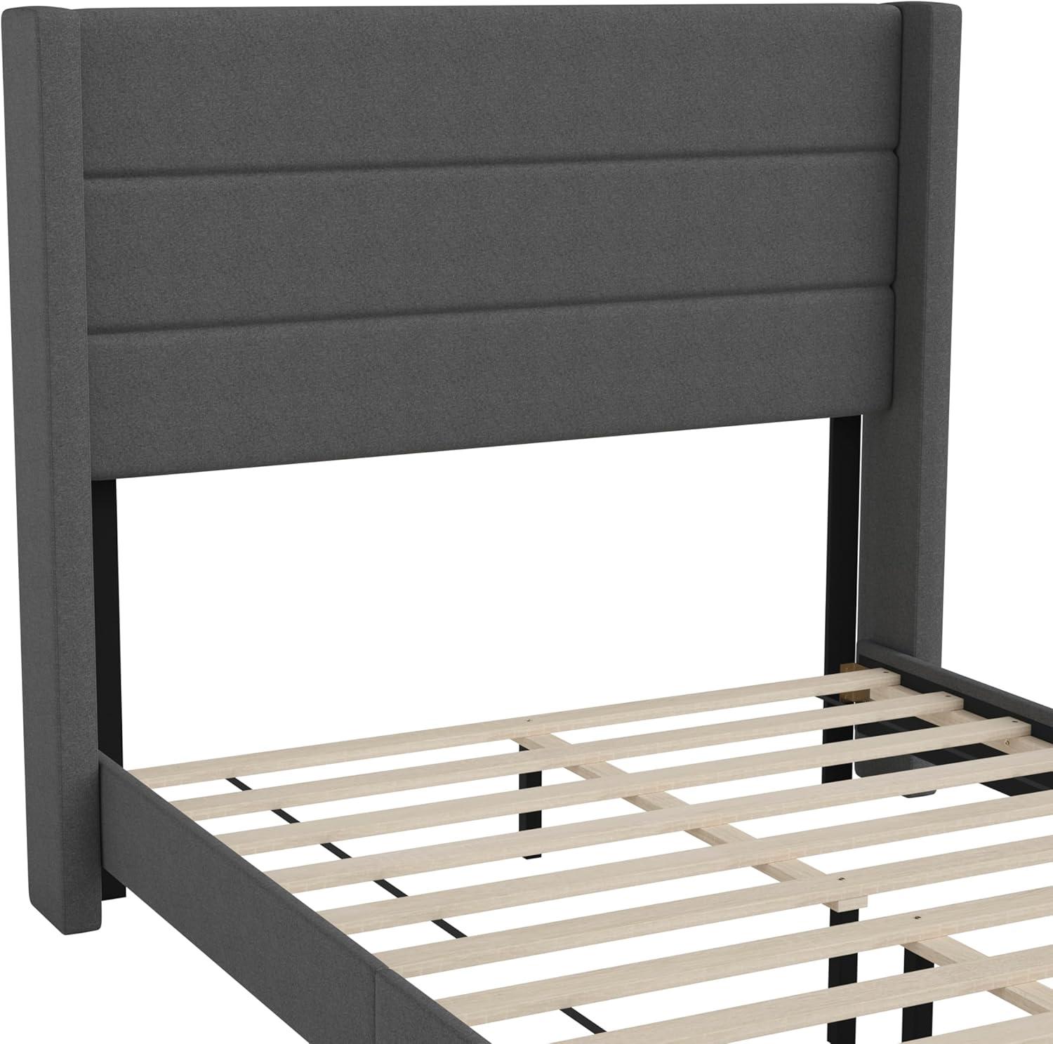 imageFlash Furniture Hollis Upholstered Platform Bed Gray Faux Linen Wingback Headboard King Mattress Foundation with Slatted Supports No Box Spring NeededCharcoal