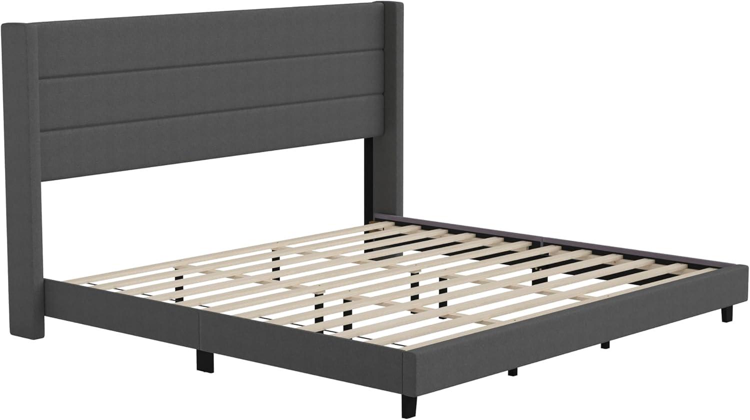 imageFlash Furniture Hollis Upholstered Platform Bed Gray Faux Linen Wingback Headboard King Mattress Foundation with Slatted Supports No Box Spring NeededCharcoal