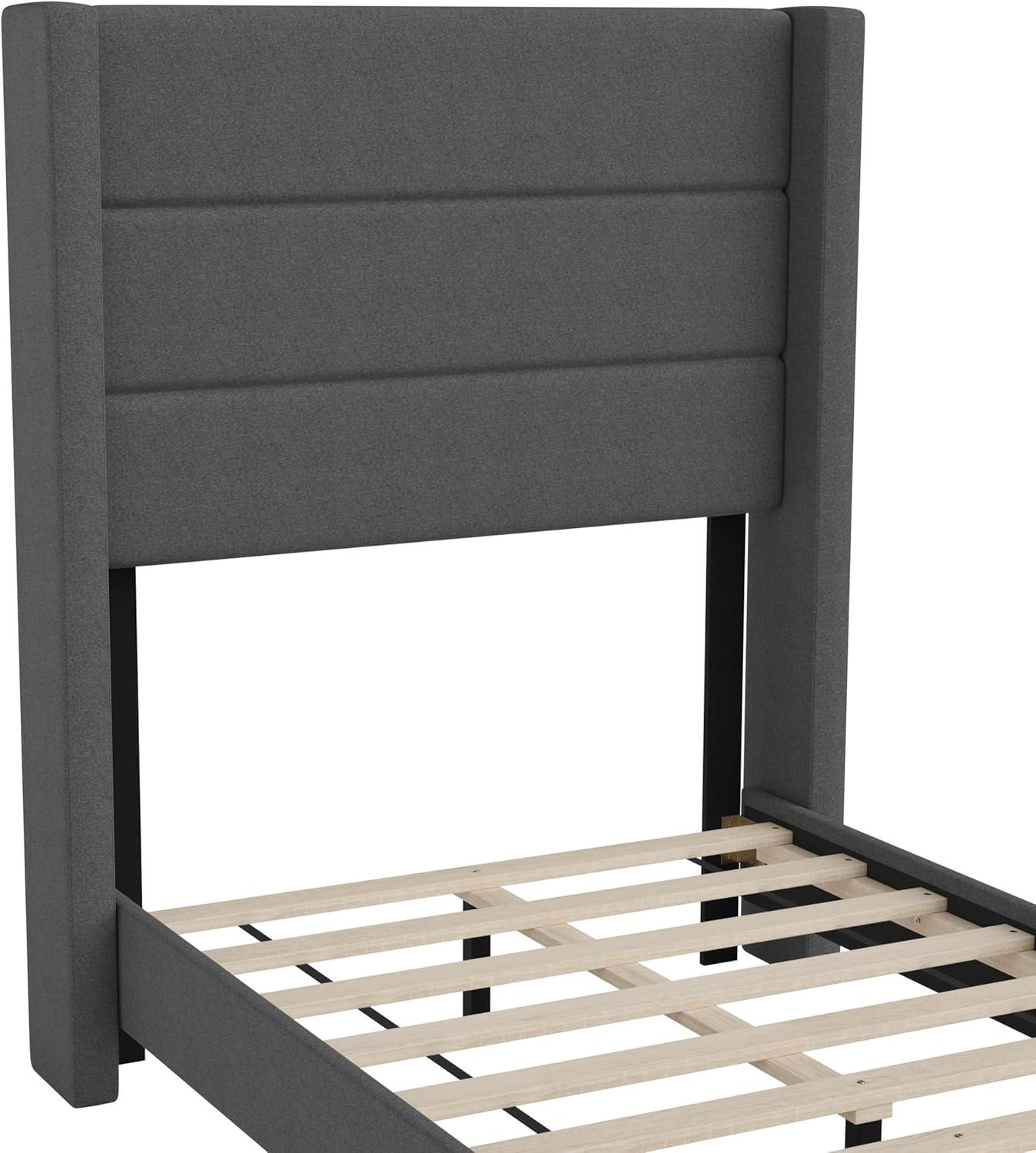 imageFlash Furniture Hollis Upholstered Platform Bed Gray Faux Linen Wingback Headboard King Mattress Foundation with Slatted Supports No Box Spring NeededCharcoal