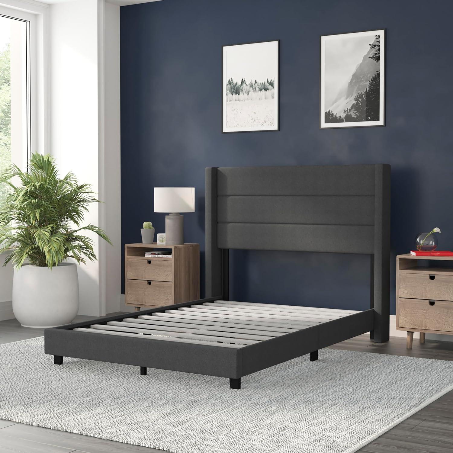 imageFlash Furniture Hollis Upholstered Platform Bed Gray Faux Linen Wingback Headboard King Mattress Foundation with Slatted Supports No Box Spring NeededCharcoal