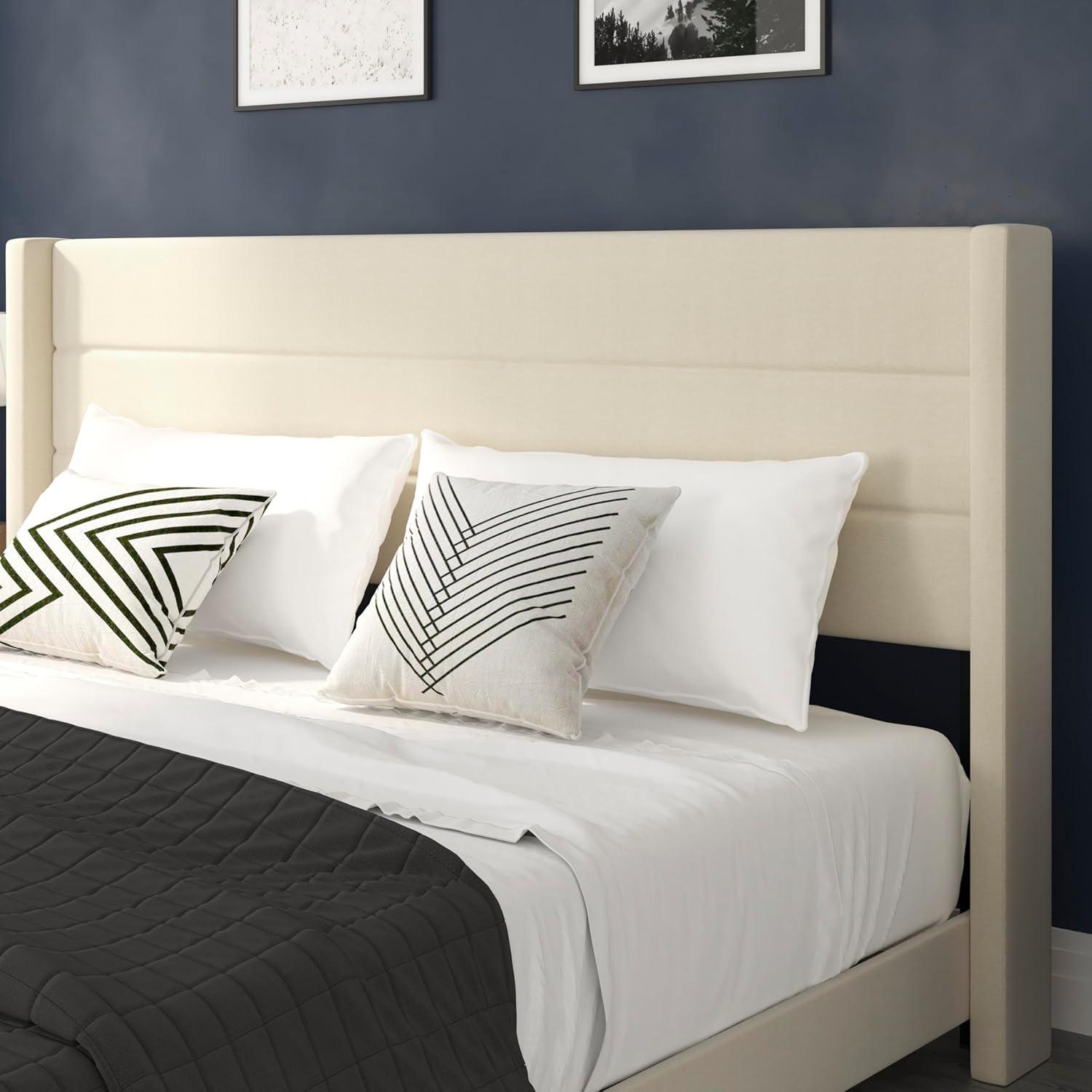 imageFlash Furniture Hollis Upholstered Platform Bed Gray Faux Linen Wingback Headboard King Mattress Foundation with Slatted Supports No Box Spring NeededBeige