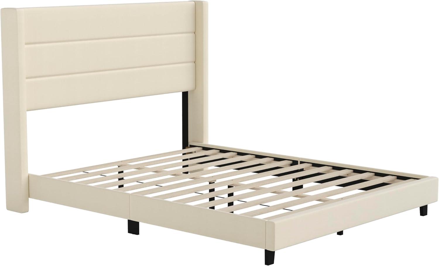 imageFlash Furniture Hollis Upholstered Platform Bed Gray Faux Linen Wingback Headboard King Mattress Foundation with Slatted Supports No Box Spring NeededBeige