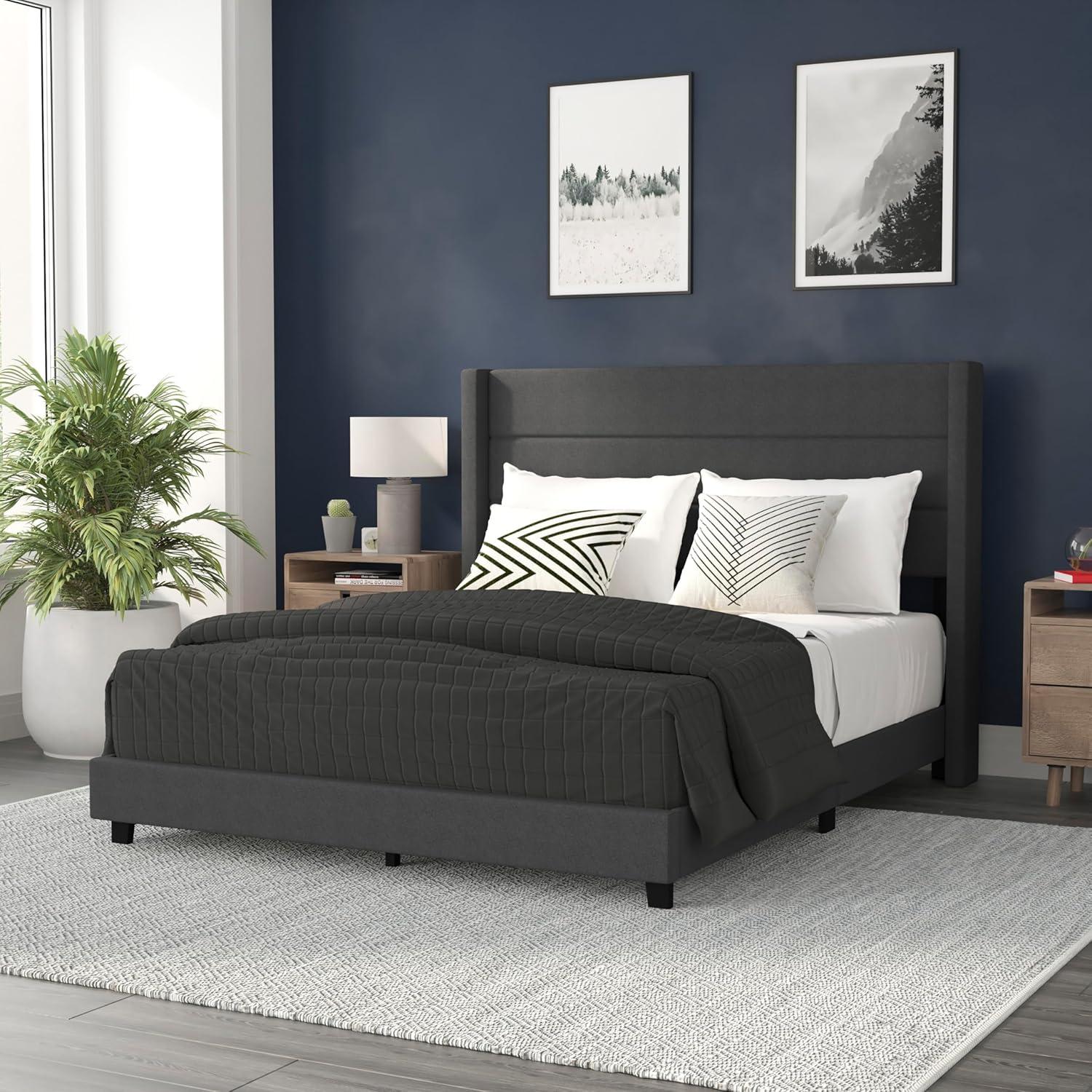 imageFlash Furniture Hollis Upholstered Platform Bed Gray Faux Linen Wingback Headboard King Mattress Foundation with Slatted Supports No Box Spring NeededCharcoal