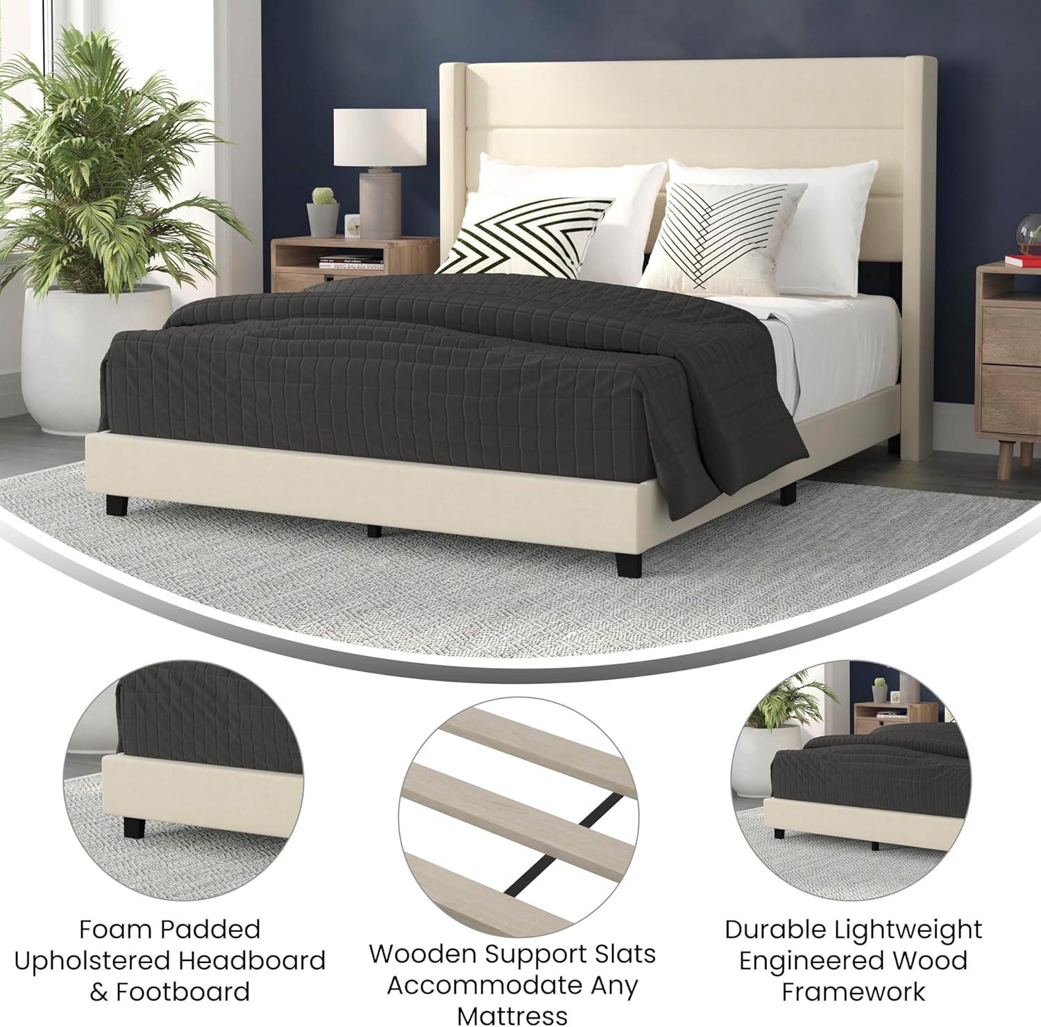 imageFlash Furniture Hollis Upholstered Platform Bed Gray Faux Linen Wingback Headboard King Mattress Foundation with Slatted Supports No Box Spring NeededBeige
