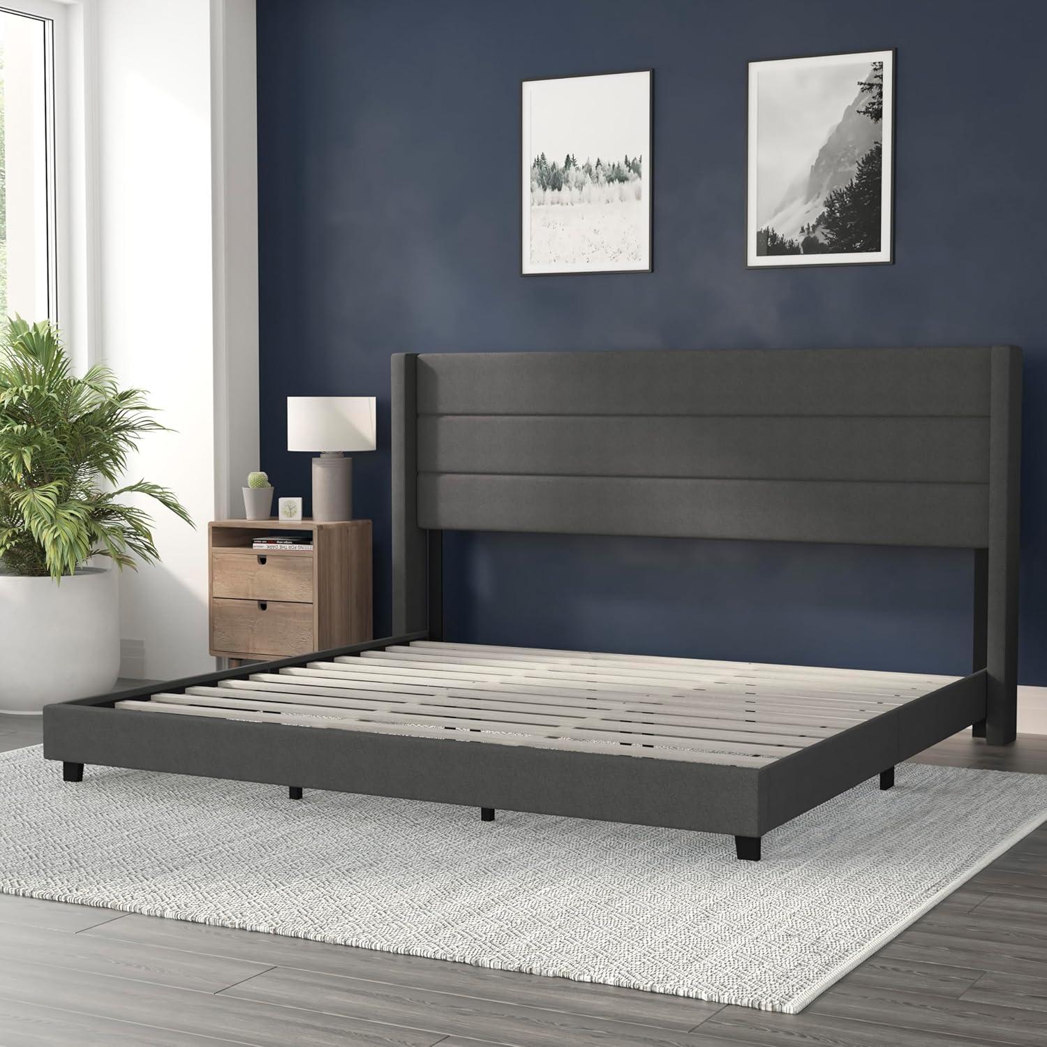 imageFlash Furniture Hollis Upholstered Platform Bed Gray Faux Linen Wingback Headboard King Mattress Foundation with Slatted Supports No Box Spring NeededCharcoal
