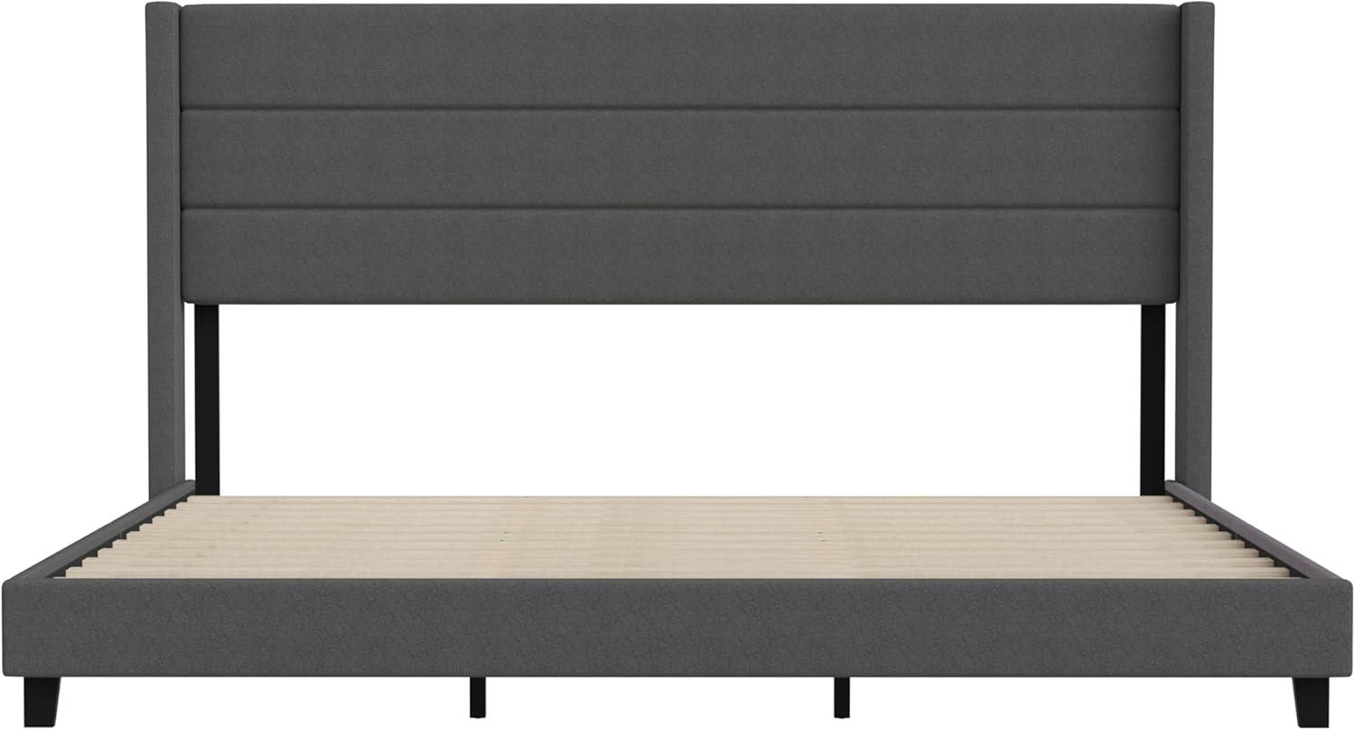 imageFlash Furniture Hollis Upholstered Platform Bed Gray Faux Linen Wingback Headboard King Mattress Foundation with Slatted Supports No Box Spring NeededCharcoal