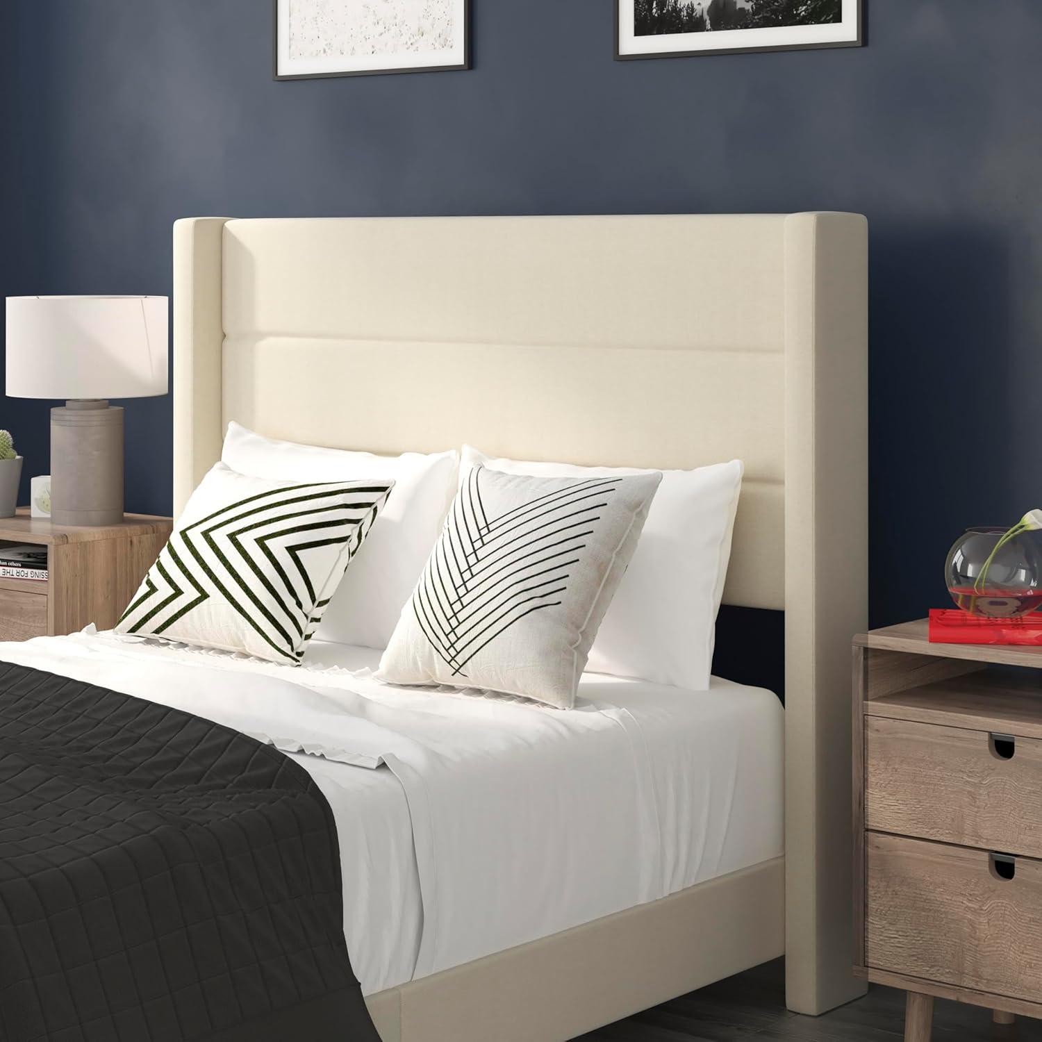 imageFlash Furniture Hollis Upholstered Platform Bed Gray Faux Linen Wingback Headboard King Mattress Foundation with Slatted Supports No Box Spring NeededBeige