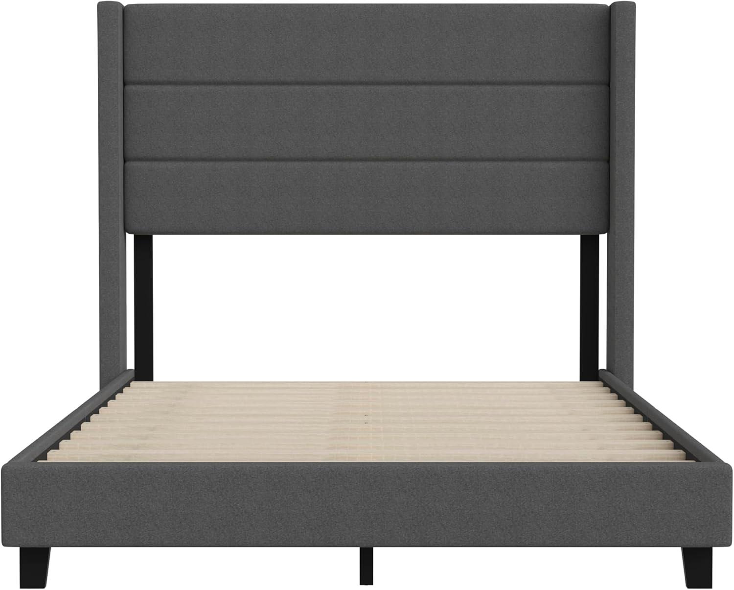 imageFlash Furniture Hollis Upholstered Platform Bed Gray Faux Linen Wingback Headboard King Mattress Foundation with Slatted Supports No Box Spring NeededCharcoal
