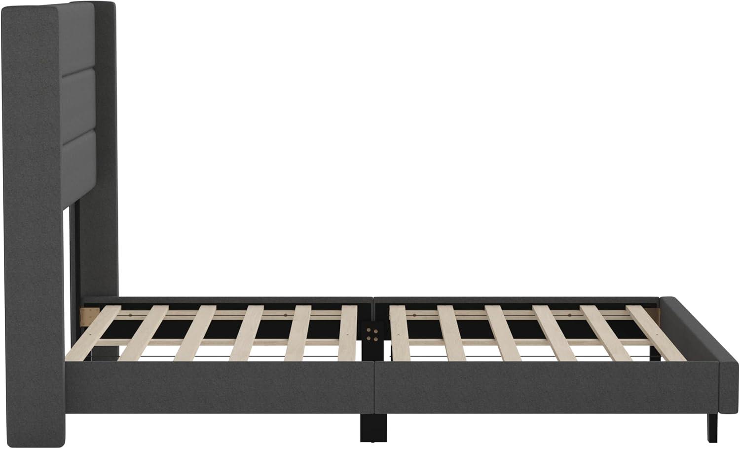 imageFlash Furniture Hollis Upholstered Platform Bed Gray Faux Linen Wingback Headboard King Mattress Foundation with Slatted Supports No Box Spring NeededCharcoal