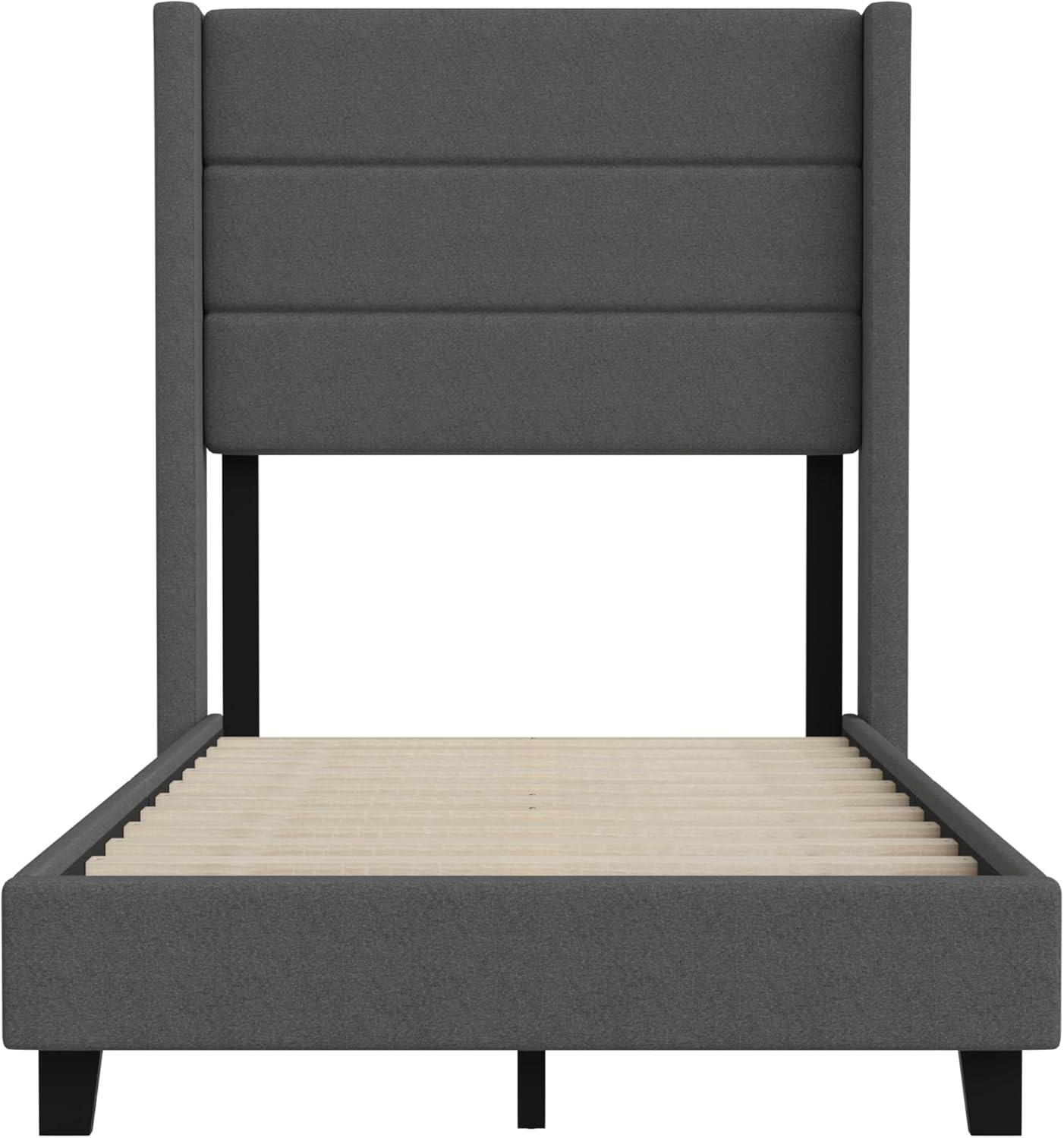 imageFlash Furniture Hollis Upholstered Platform Bed Gray Faux Linen Wingback Headboard King Mattress Foundation with Slatted Supports No Box Spring NeededCharcoal