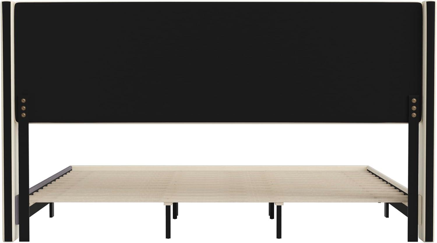 imageFlash Furniture Hollis Upholstered Platform Bed Gray Faux Linen Wingback Headboard King Mattress Foundation with Slatted Supports No Box Spring NeededBeige