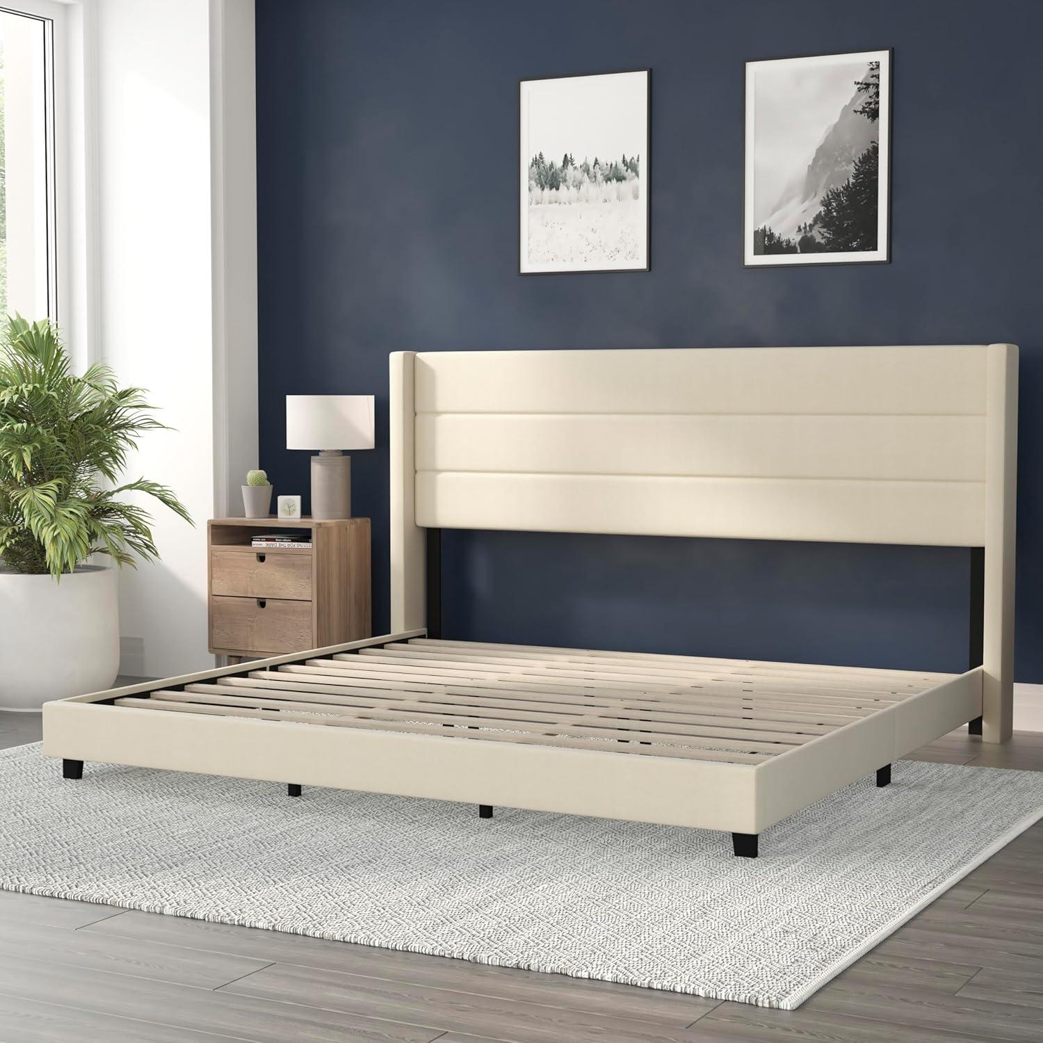 imageFlash Furniture Hollis Upholstered Platform Bed Gray Faux Linen Wingback Headboard King Mattress Foundation with Slatted Supports No Box Spring NeededBeige
