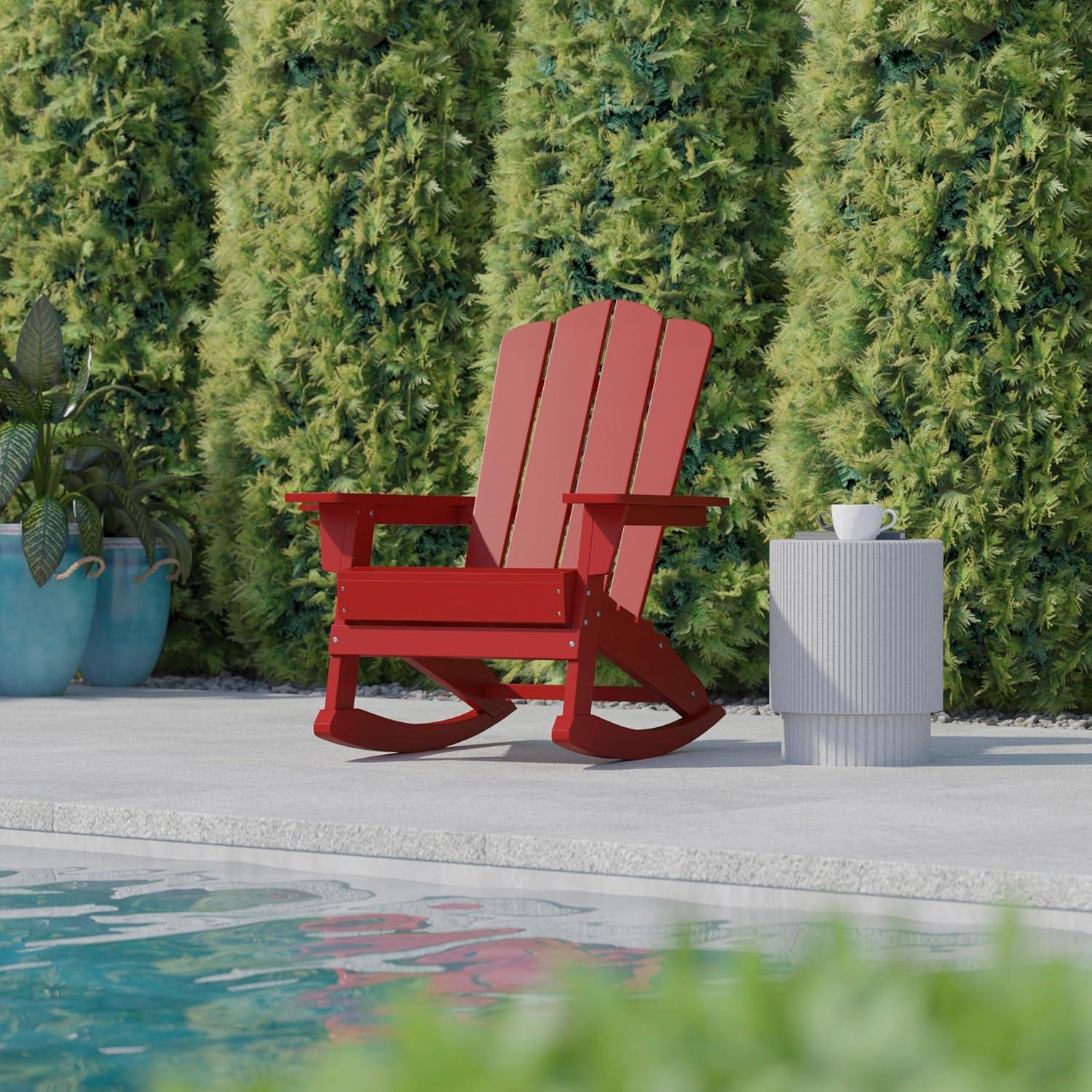 imageFlash Furniture Newport Adirondack Rocking Chairs with Cup Holder Weather Resistant Poly Resin Adirondack Rocking Chairs Set of 2 RedRed