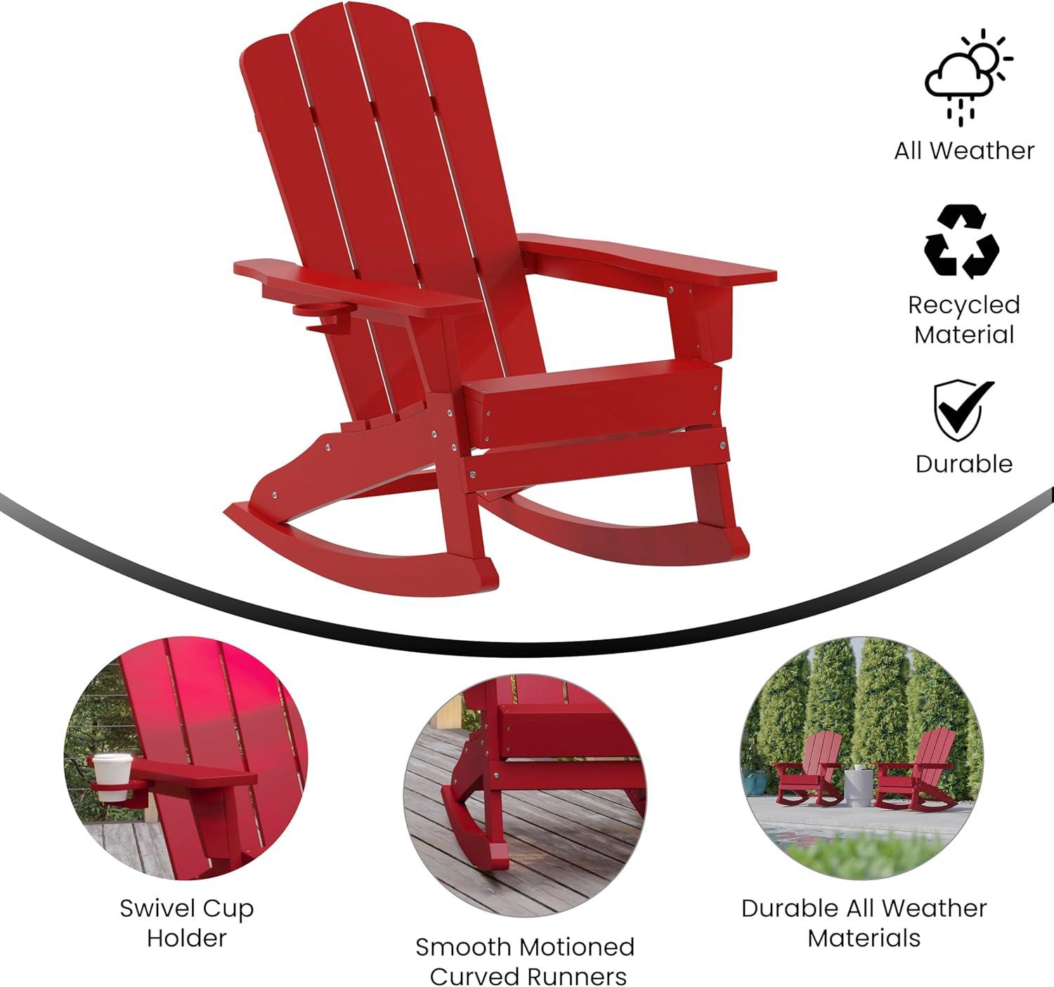 imageFlash Furniture Newport Adirondack Rocking Chairs with Cup Holder Weather Resistant Poly Resin Adirondack Rocking Chairs Set of 2 RedRed