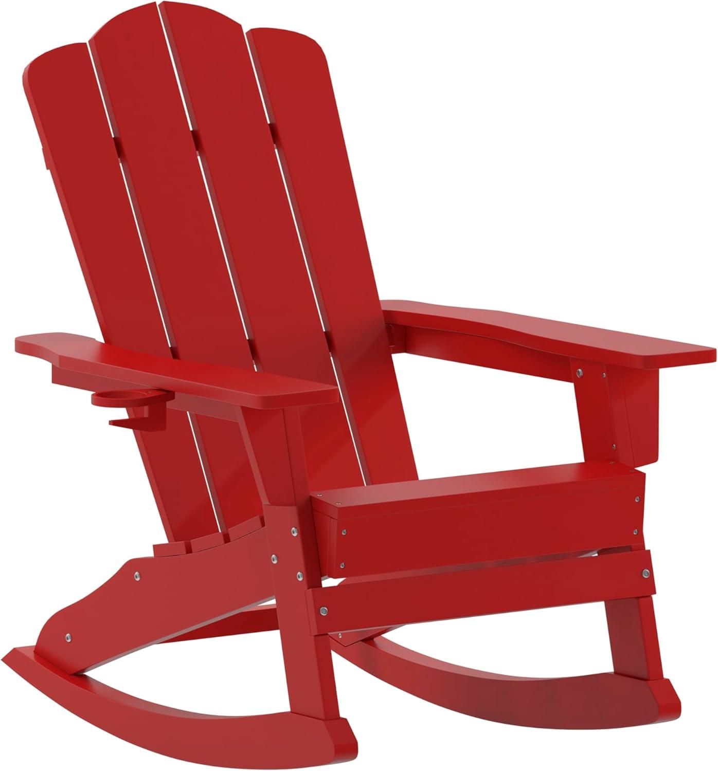 imageFlash Furniture Newport Adirondack Rocking Chairs with Cup Holder Weather Resistant Poly Resin Adirondack Rocking Chairs Set of 2 RedRed