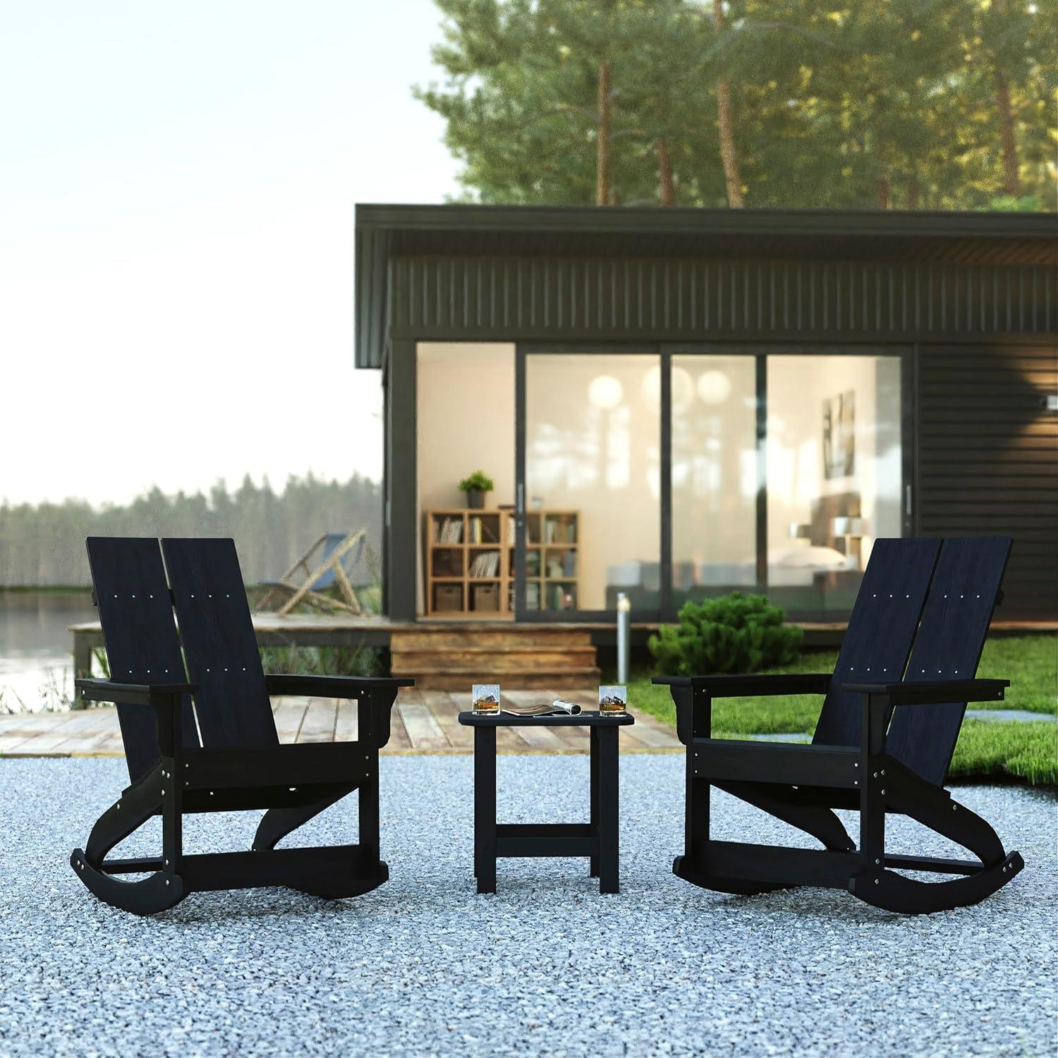 imageFlash Furniture Set of 2 Savannah Adirondack Rocking Chairs Commercial Grade AllWeather Sea Foam Poly Resin Wood Matching Side TableBlack