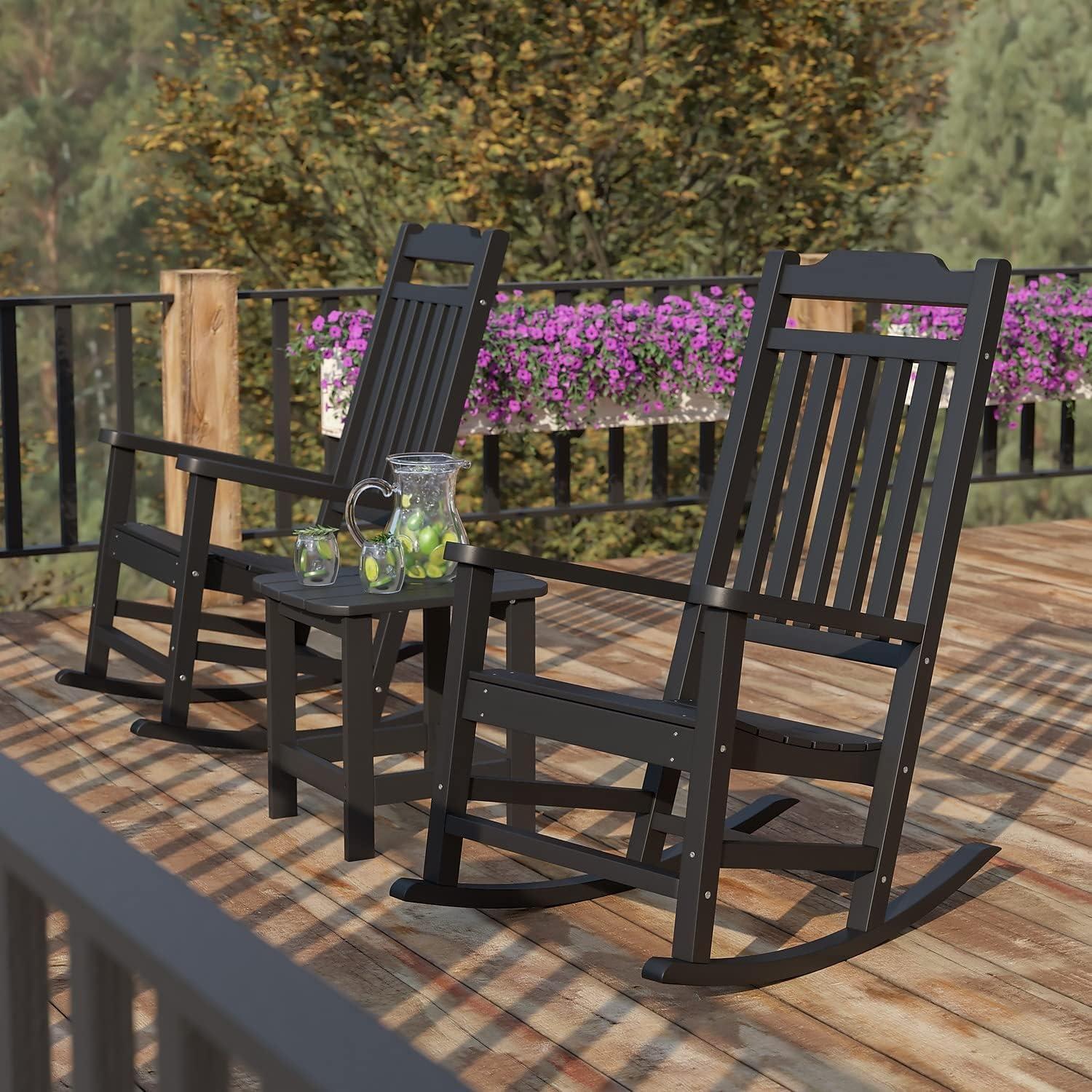 imageFlash Furniture Set of 2 Savannah Adirondack Rocking Chairs Commercial Grade AllWeather Sea Foam Poly Resin Wood Matching Side TableBlack