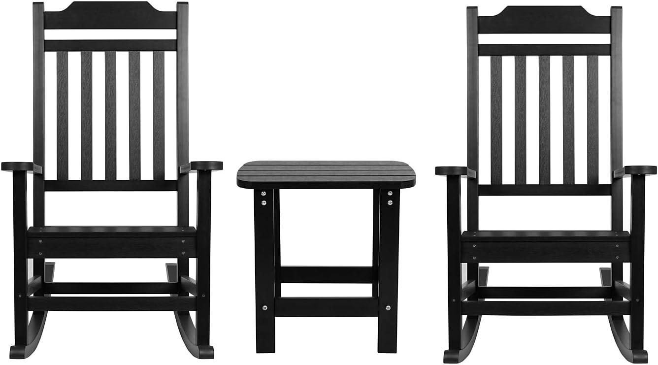 imageFlash Furniture Set of 2 Savannah Adirondack Rocking Chairs Commercial Grade AllWeather Sea Foam Poly Resin Wood Matching Side TableBlack