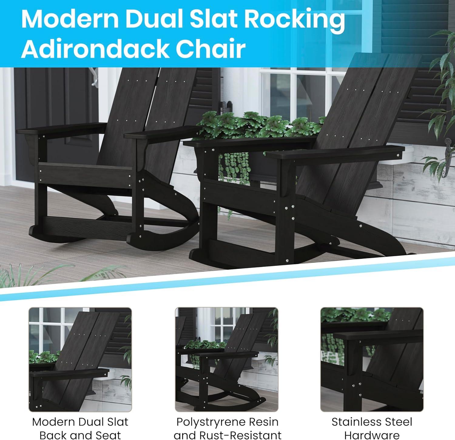 imageFlash Furniture Set of 2 Savannah Adirondack Rocking Chairs Commercial Grade AllWeather Sea Foam Poly Resin Wood Matching Side TableBlack