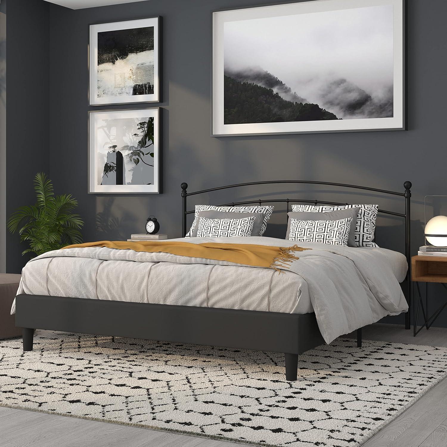 imageFlash Furniture Woodstock Decorative Black Metal Queen Size Open Slat Headboard with Round PostsBlack