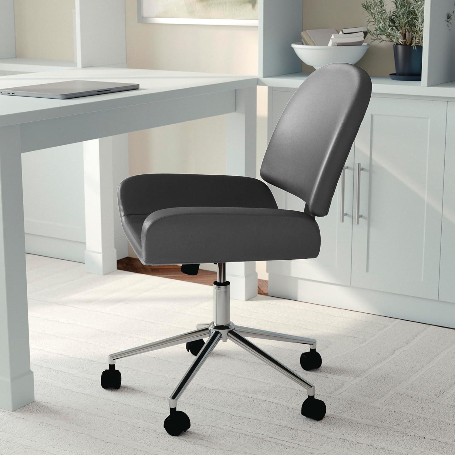 imageMartha Stewart Tyla Armless Swivel Task Chair for Home Office in White Faux Leather with Polished Brass FrameGray Faux LeatherPolished Nickel