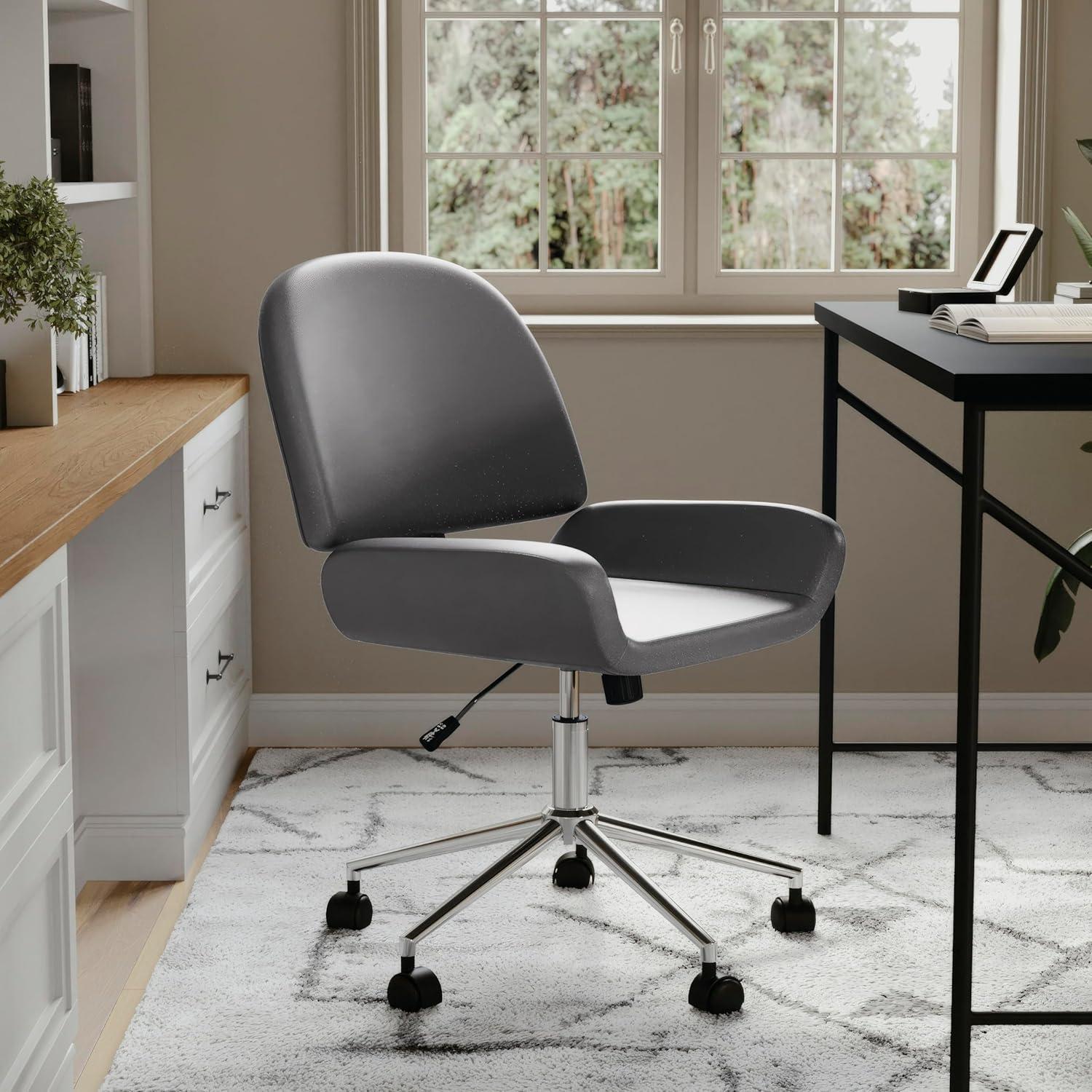 imageMartha Stewart Tyla Armless Swivel Task Chair for Home Office in White Faux Leather with Polished Brass FrameGray Faux LeatherPolished Nickel