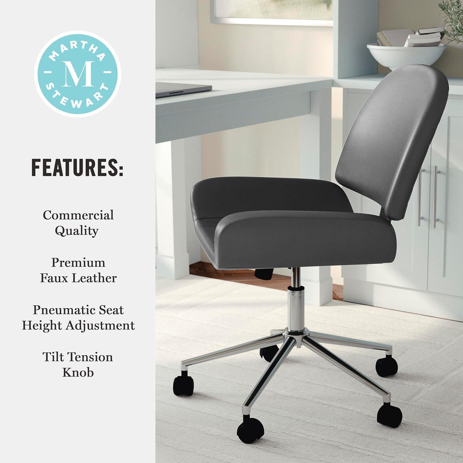 imageMartha Stewart Tyla Armless Swivel Task Chair for Home Office in White Faux Leather with Polished Brass FrameGray Faux LeatherPolished Nickel