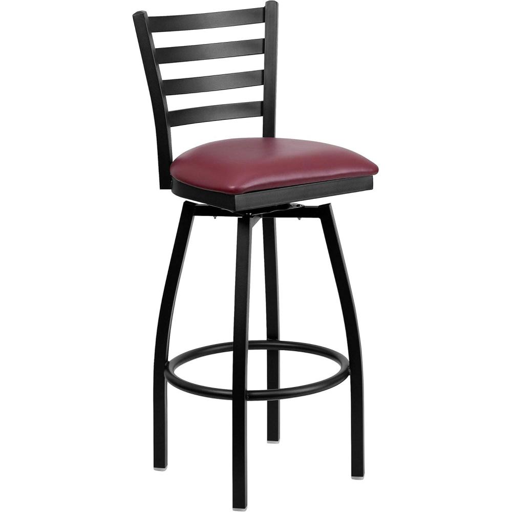 imageFlash Furniture 2 Pack HERCULES Series Black Ladder Back Swivel Metal Barstool Black Vinyl SeatBurgundy Vinyl SeatBlack Metal Frame