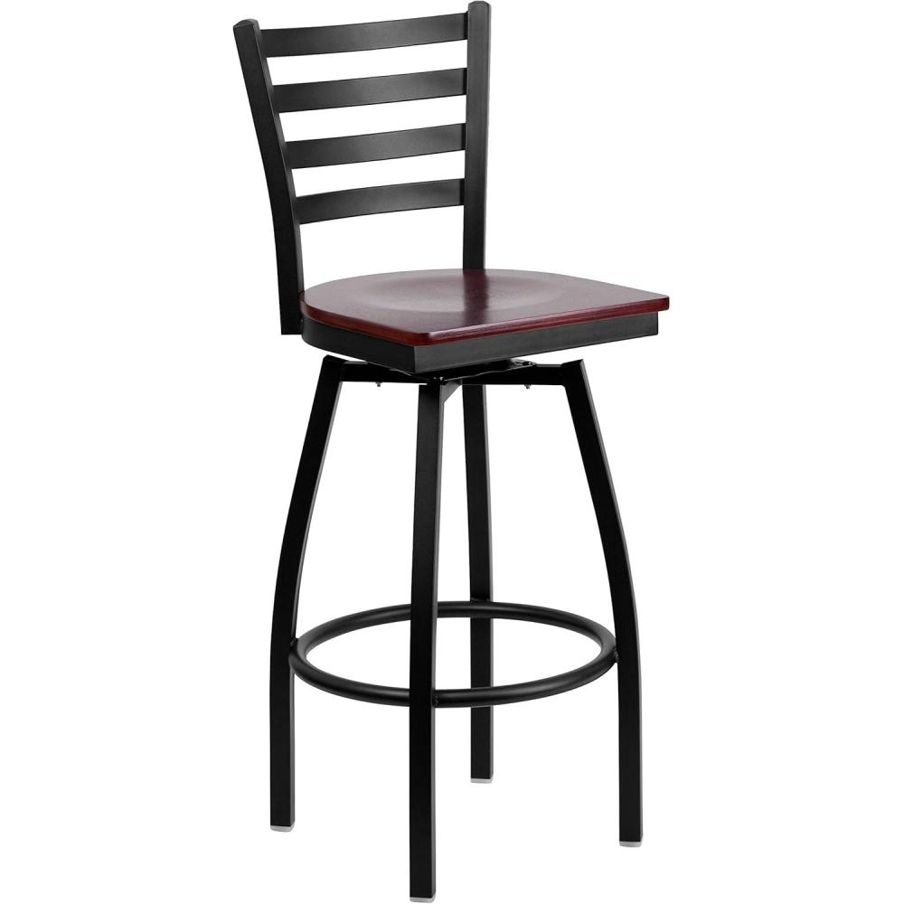 imageFlash Furniture 2 Pack HERCULES Series Black Ladder Back Swivel Metal Barstool Black Vinyl SeatMahogany Wood SeatBlack Metal Frame