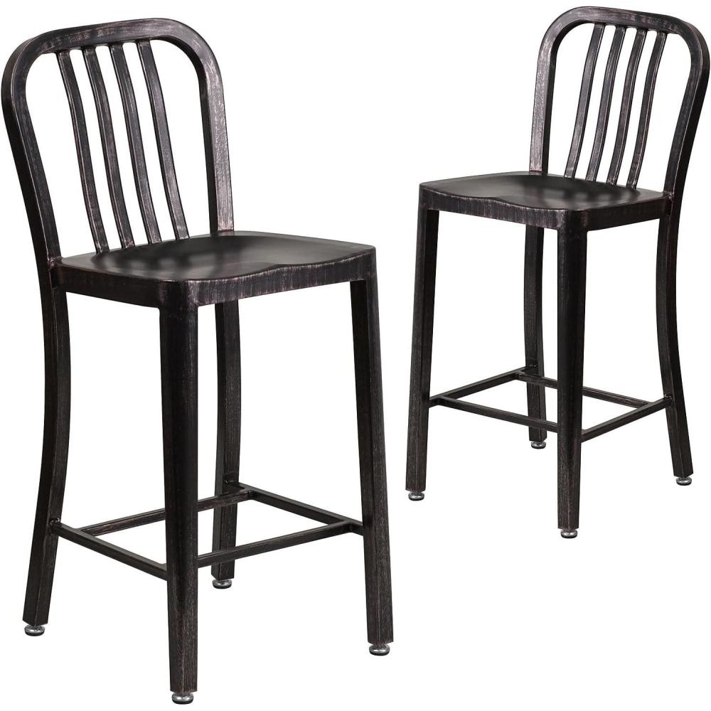 imageFlash Furniture 24quot Commercial Grade Metal Counter Height Stool with Footrest Modern Vertical Slat Back Stool for Restaurants and Kitchens SilverBlackantique Gold