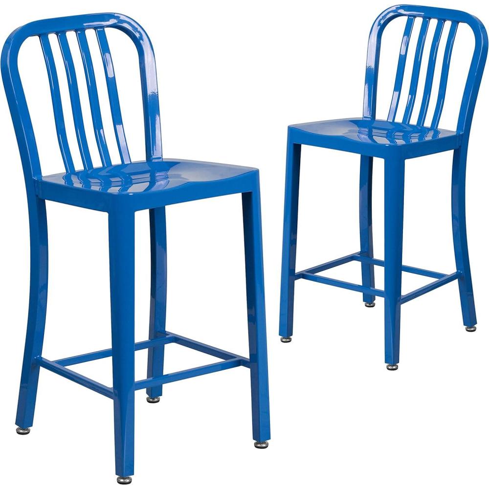 imageFlash Furniture 24quot Commercial Grade Metal Counter Height Stool with Footrest Modern Vertical Slat Back Stool for Restaurants and Kitchens SilverBlue
