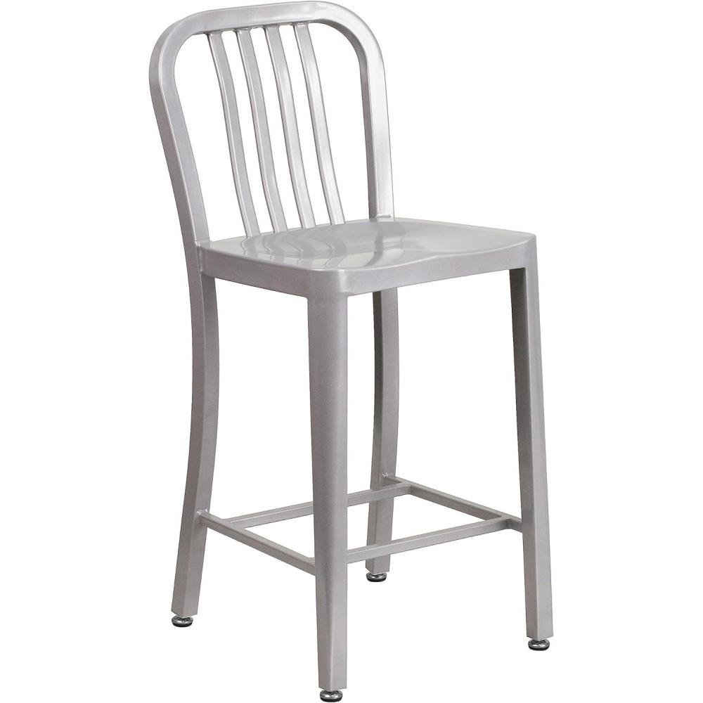 imageFlash Furniture 24quot Commercial Grade Metal Counter Height Stool with Footrest Modern Vertical Slat Back Stool for Restaurants and Kitchens SilverSilver