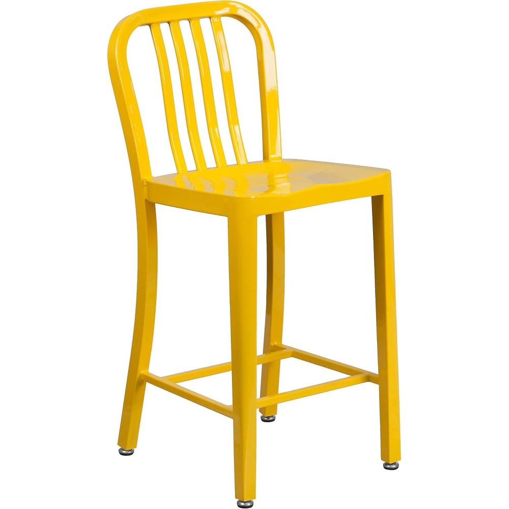 imageFlash Furniture 24quot Commercial Grade Metal Counter Height Stool with Footrest Modern Vertical Slat Back Stool for Restaurants and Kitchens SilverYellow